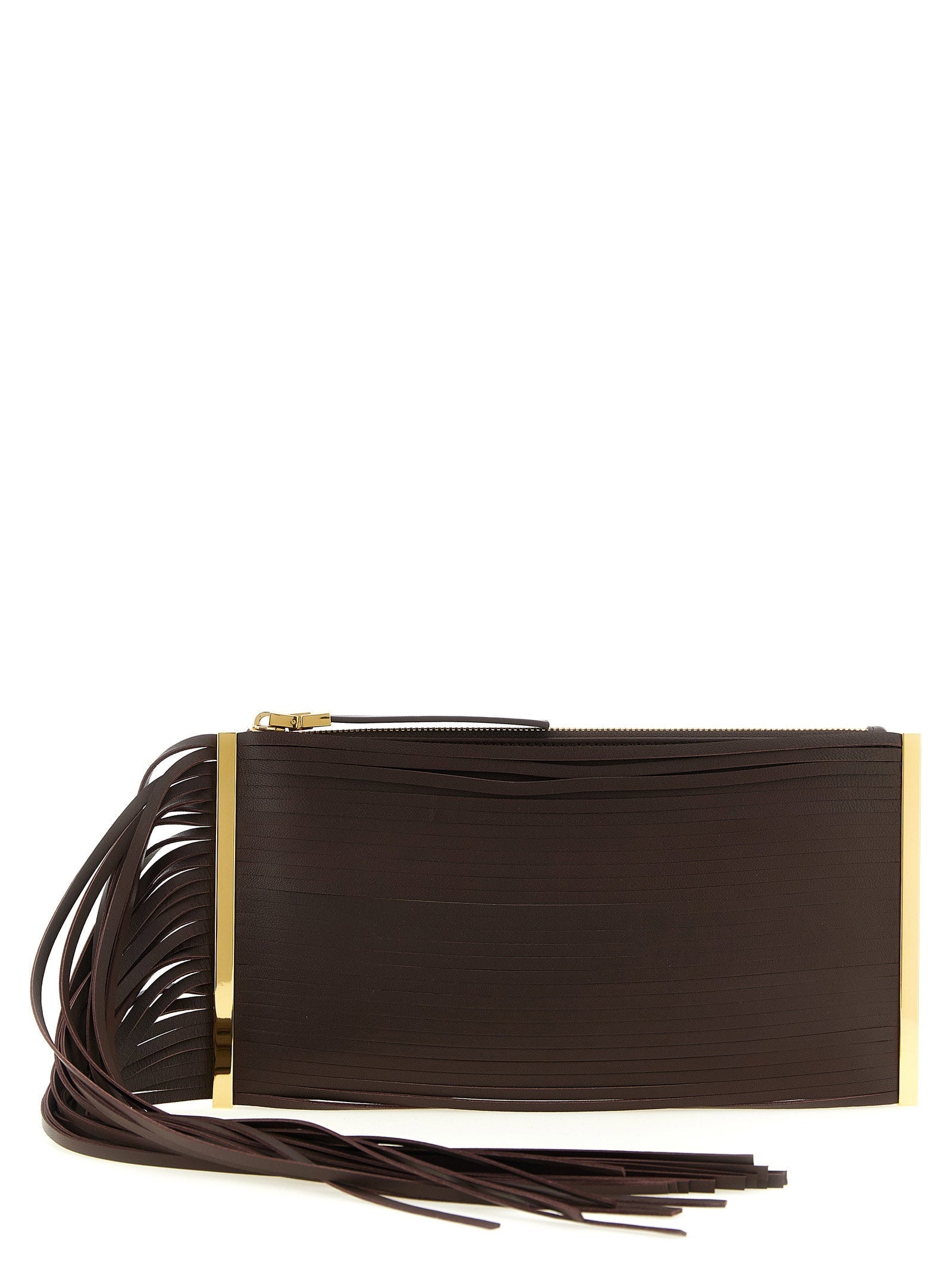 Elisabetta Franchi Leather Fringed Clutch — Brown