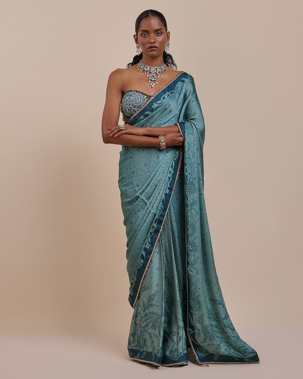 Teal Blue Corset Sari Set By KYNAH, Luxury Indian Fashion & Bridal Wear