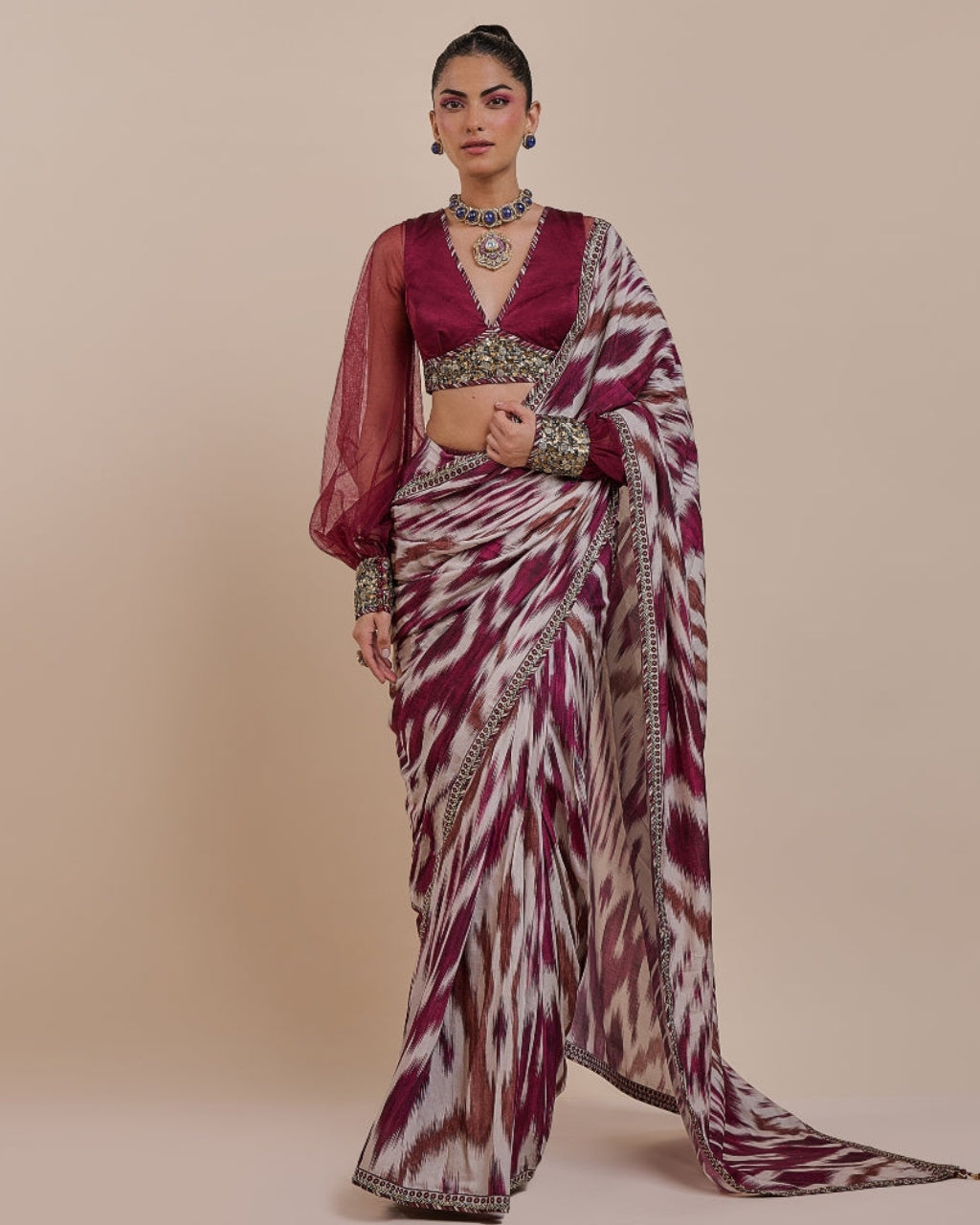 Plum Red Ikat Sari Set By KYNAH, Luxury Indian Fashion & Bridal Wear