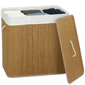 144L 3-Section Bamboo Laundry Basket with Lid, Removable Washable Liners & Handles, Brown