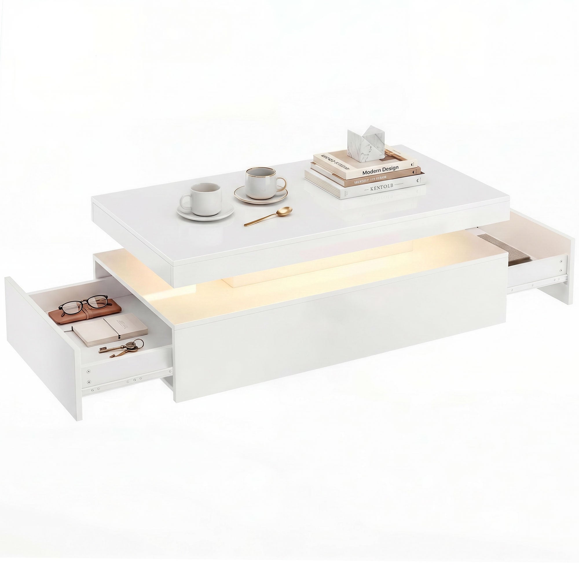LED 2-Tier Coffee Table with 2 Drawers and Open Shelf, High Gloss White
