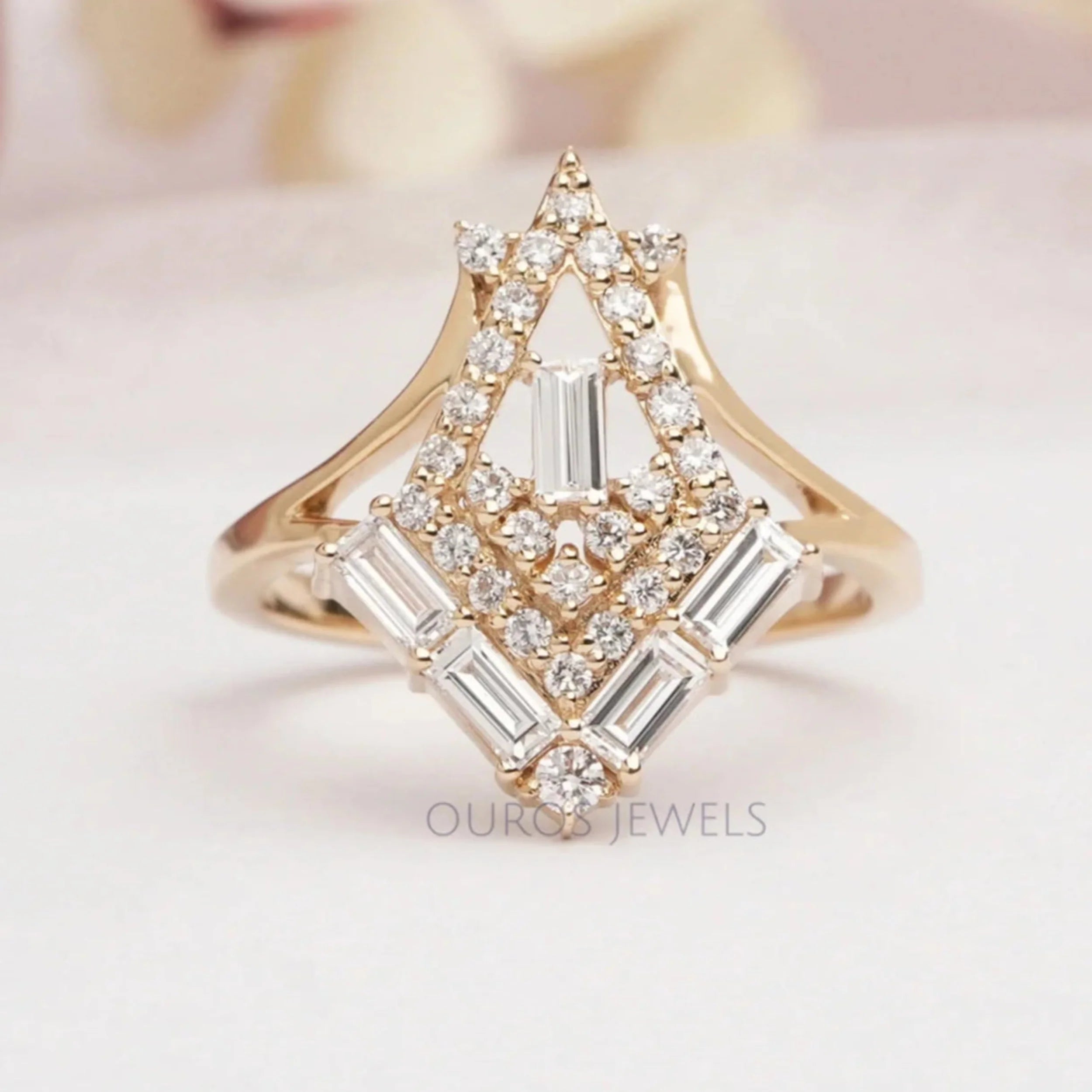 Baguette And Round  Cut Lab  Diamond Chevron Ring