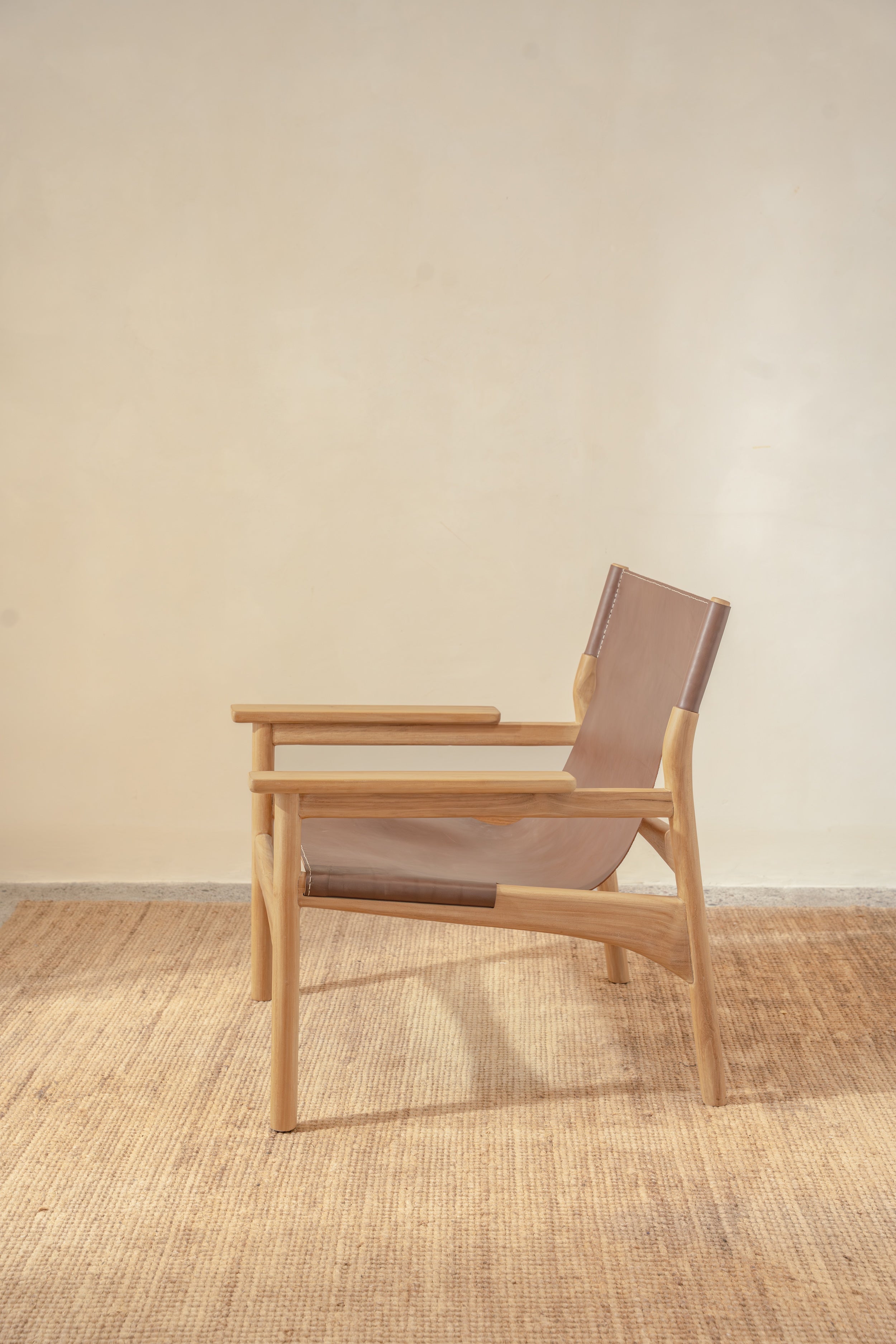 Mona Sling Leather and Teak Lounge Chair
