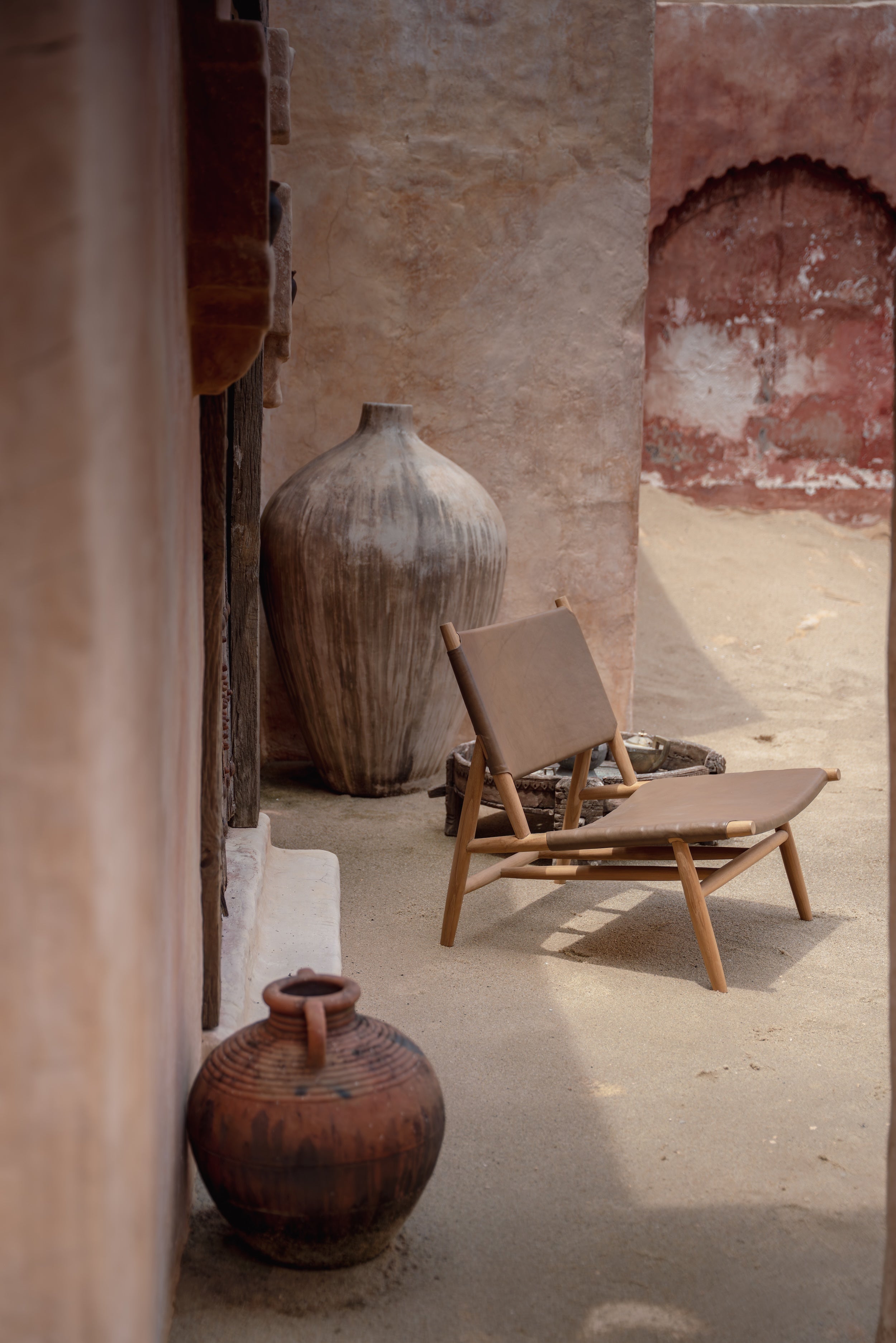 Choco Leather and Teak Lounge Chair