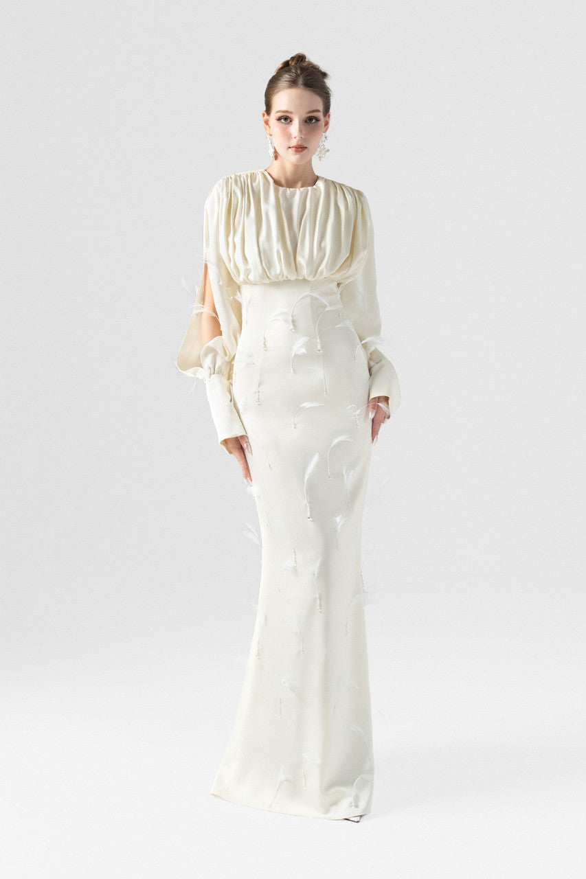 Plumage Feathers & Crystals Silk Maxi Dress