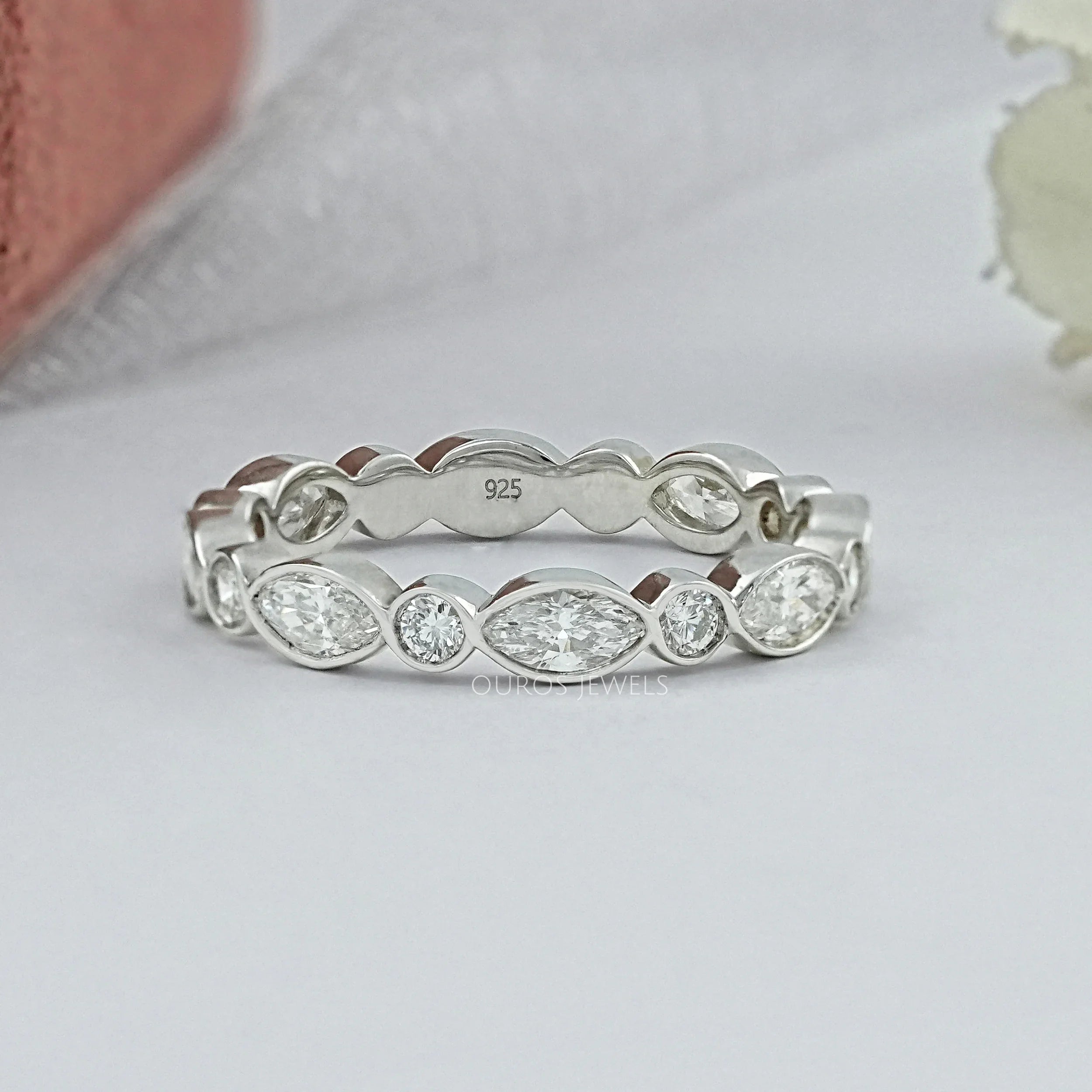 Marquise And Round Diamond Bezel Wedding Band