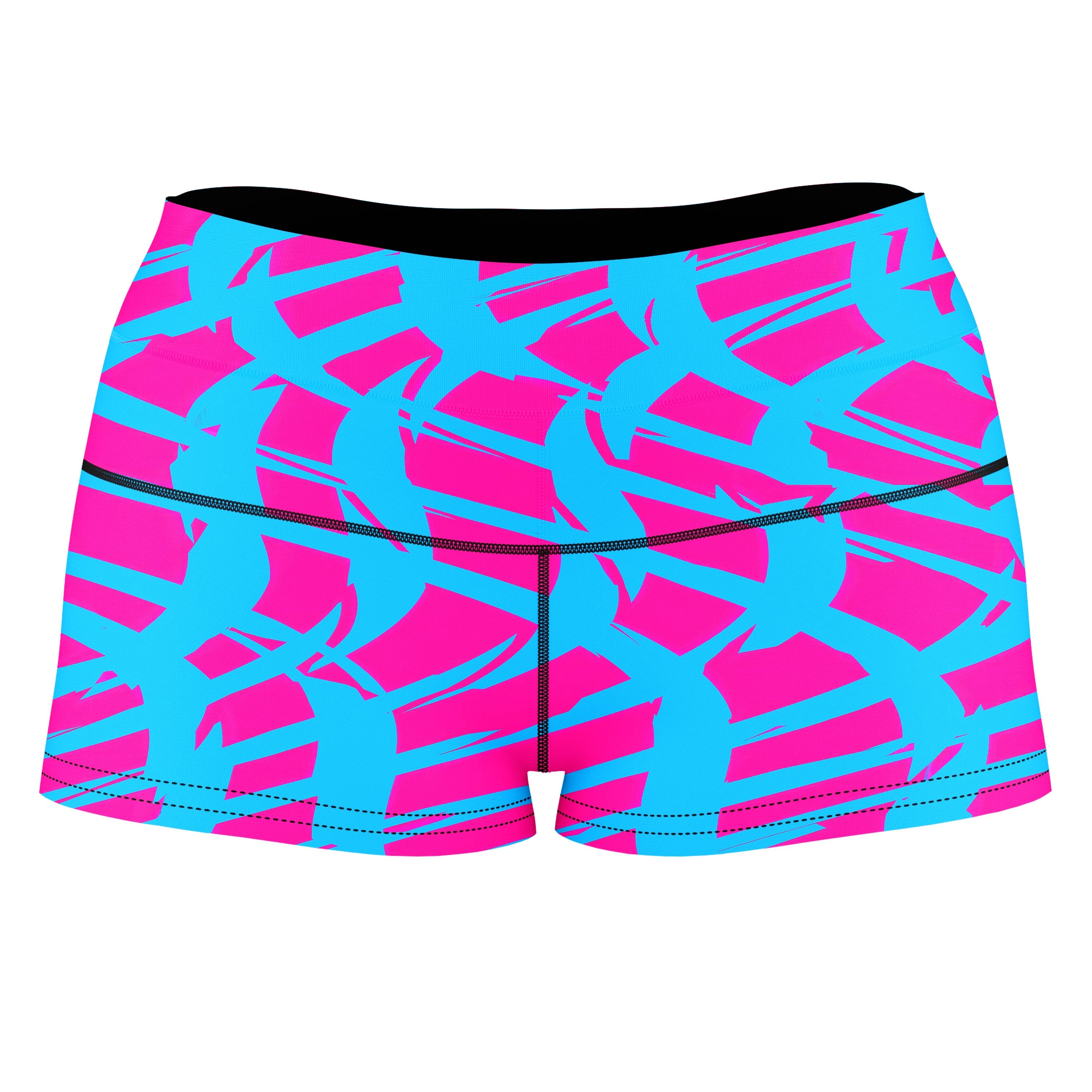 Pink and Blue Squiggly Rave Checkered High-Waisted Women's Shorts