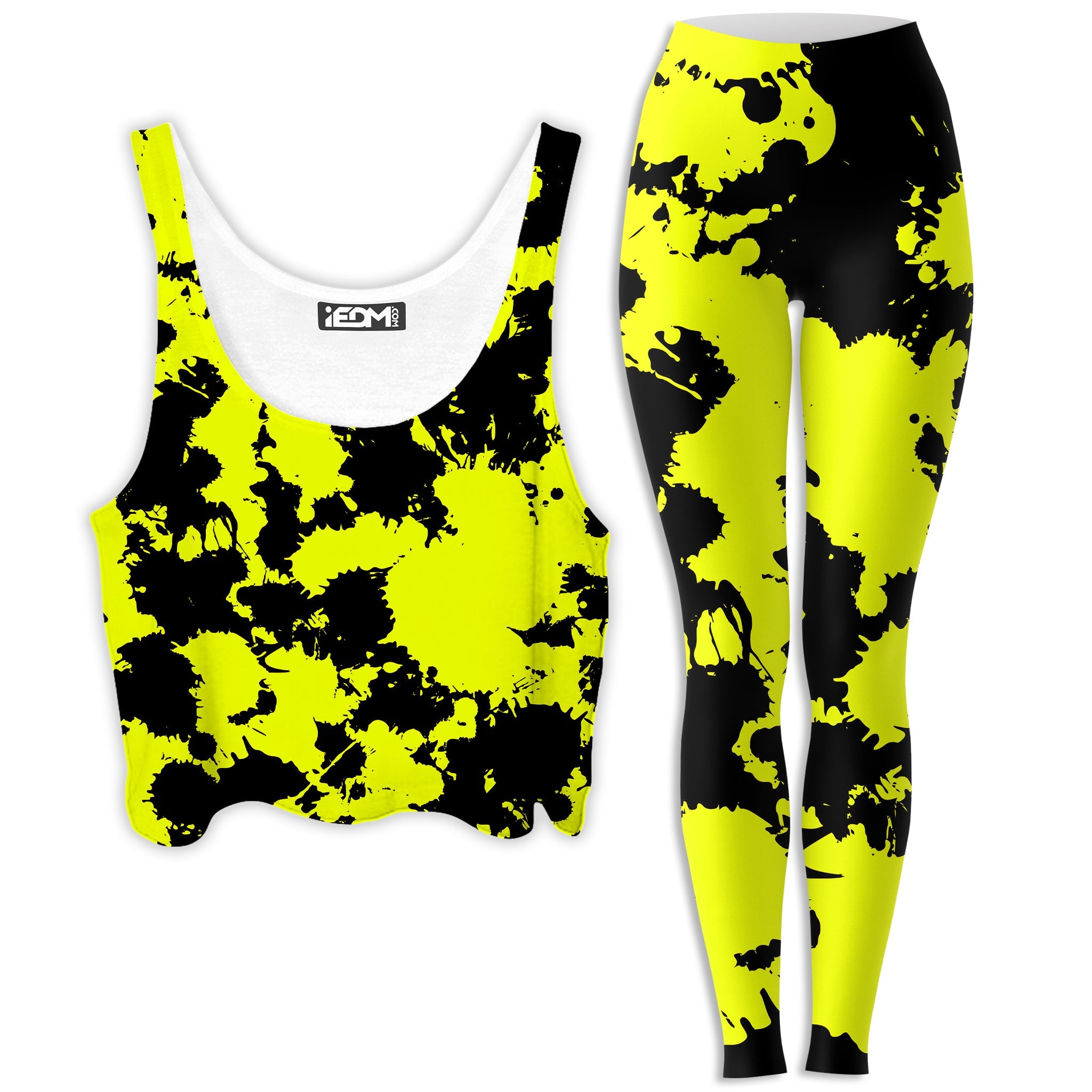 Yellow and Black Paint Splatter Crop Top and Leggings Combo