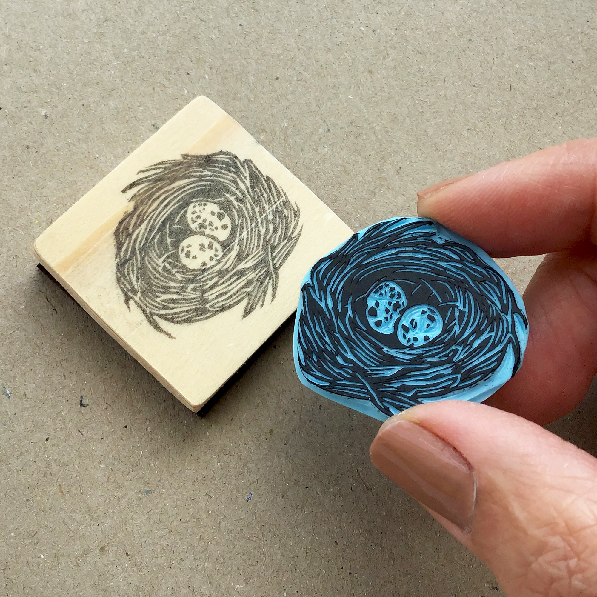 Bird nest rubber stamp with eggs