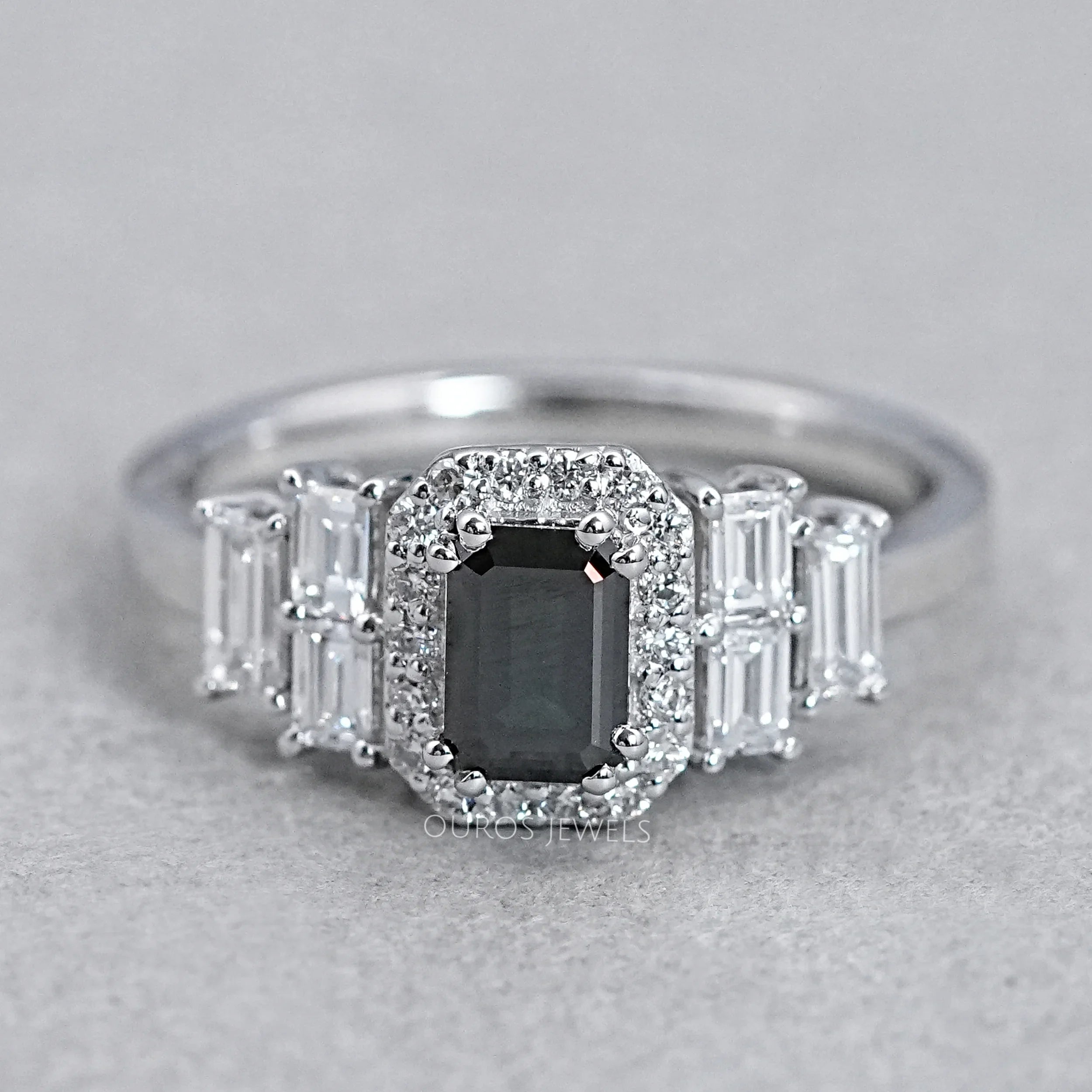 Black Emerald Cut Accent Diamond Engagement Ring