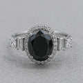 Black Oval Cut Halo With Accent Diamond Ring