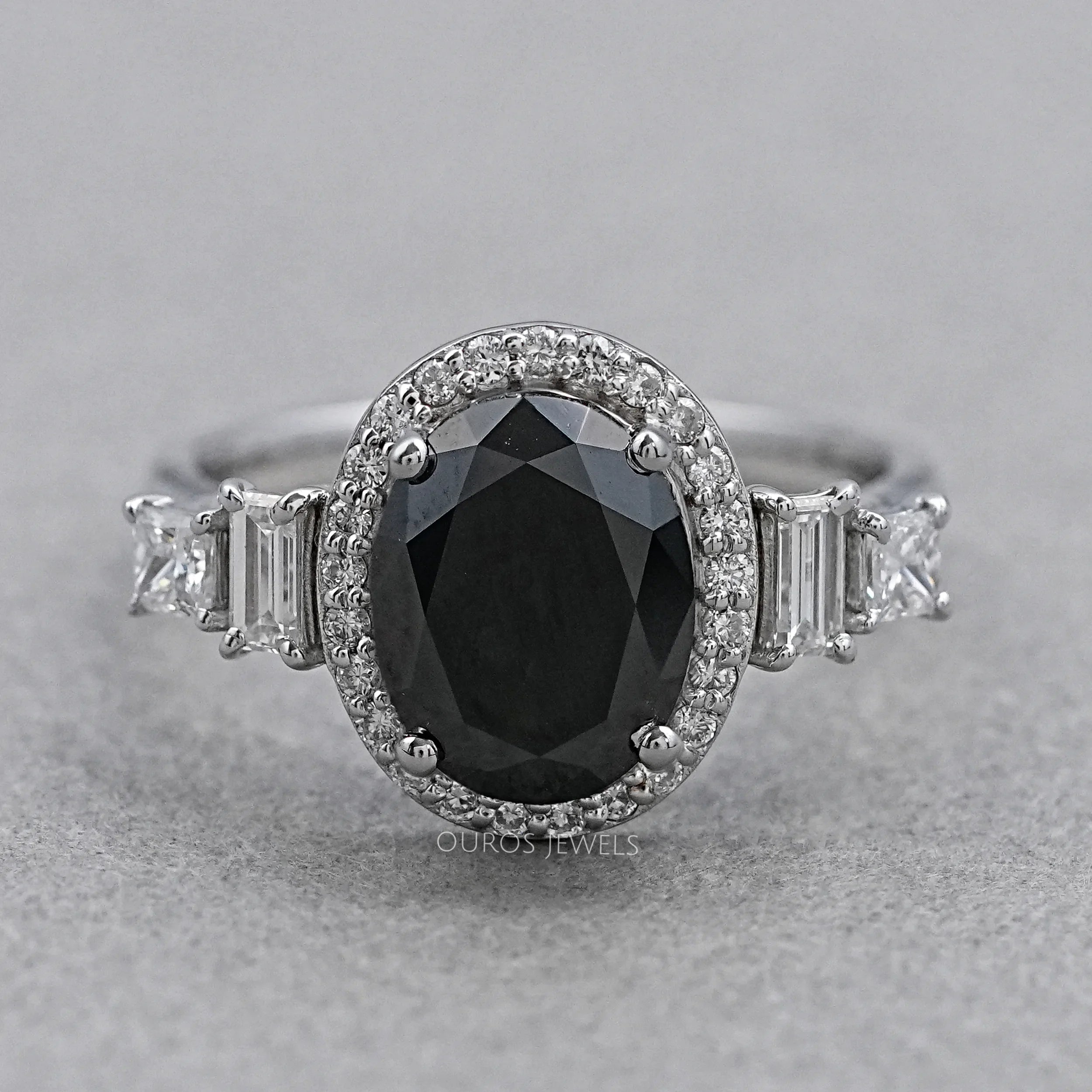 Black Oval Cut Halo With Accent Diamond Ring