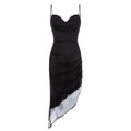 Black Asymmetric Silk Midi Dress With Straps And Side Gathering