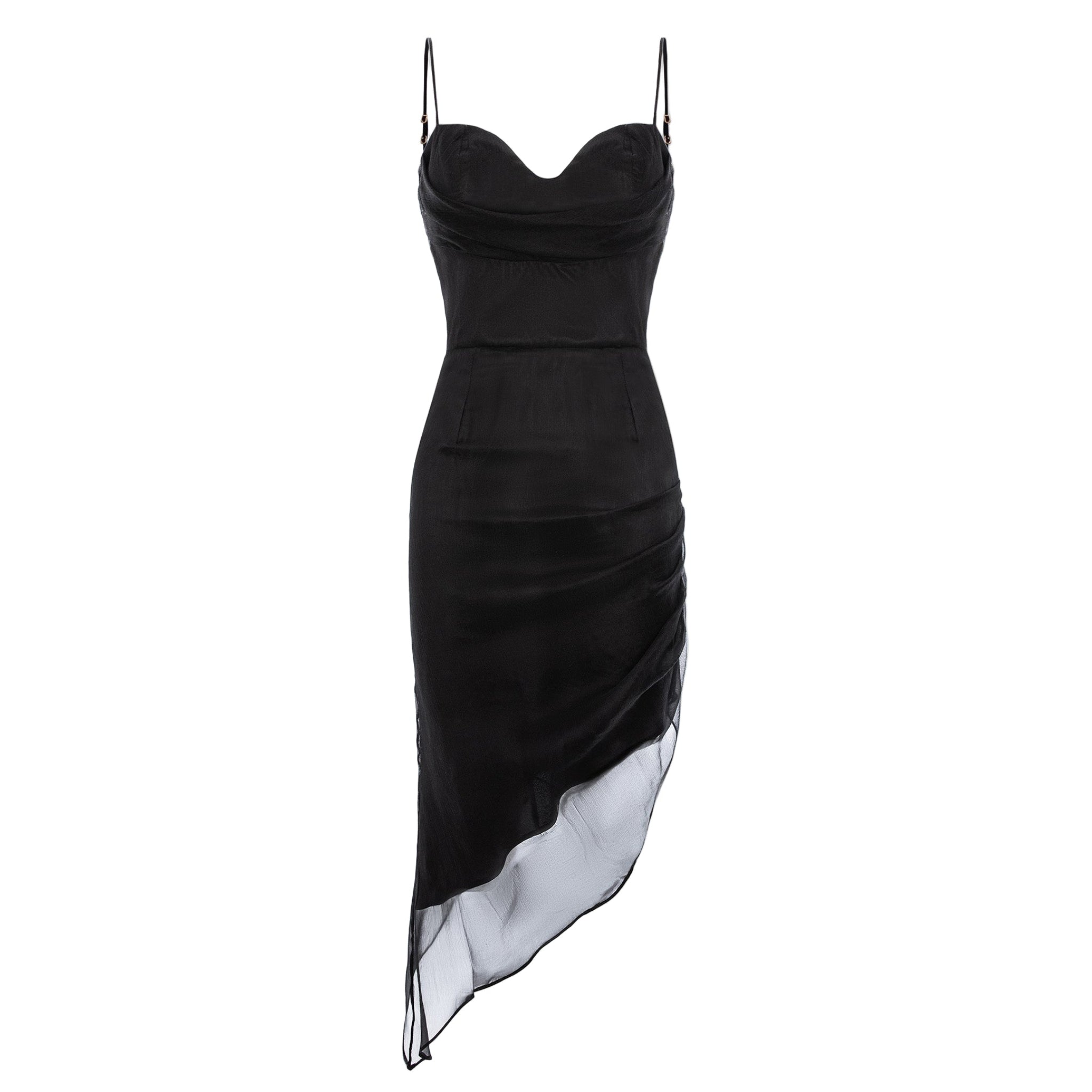 Black Asymmetric Silk Midi Dress With Straps And Side Gathering