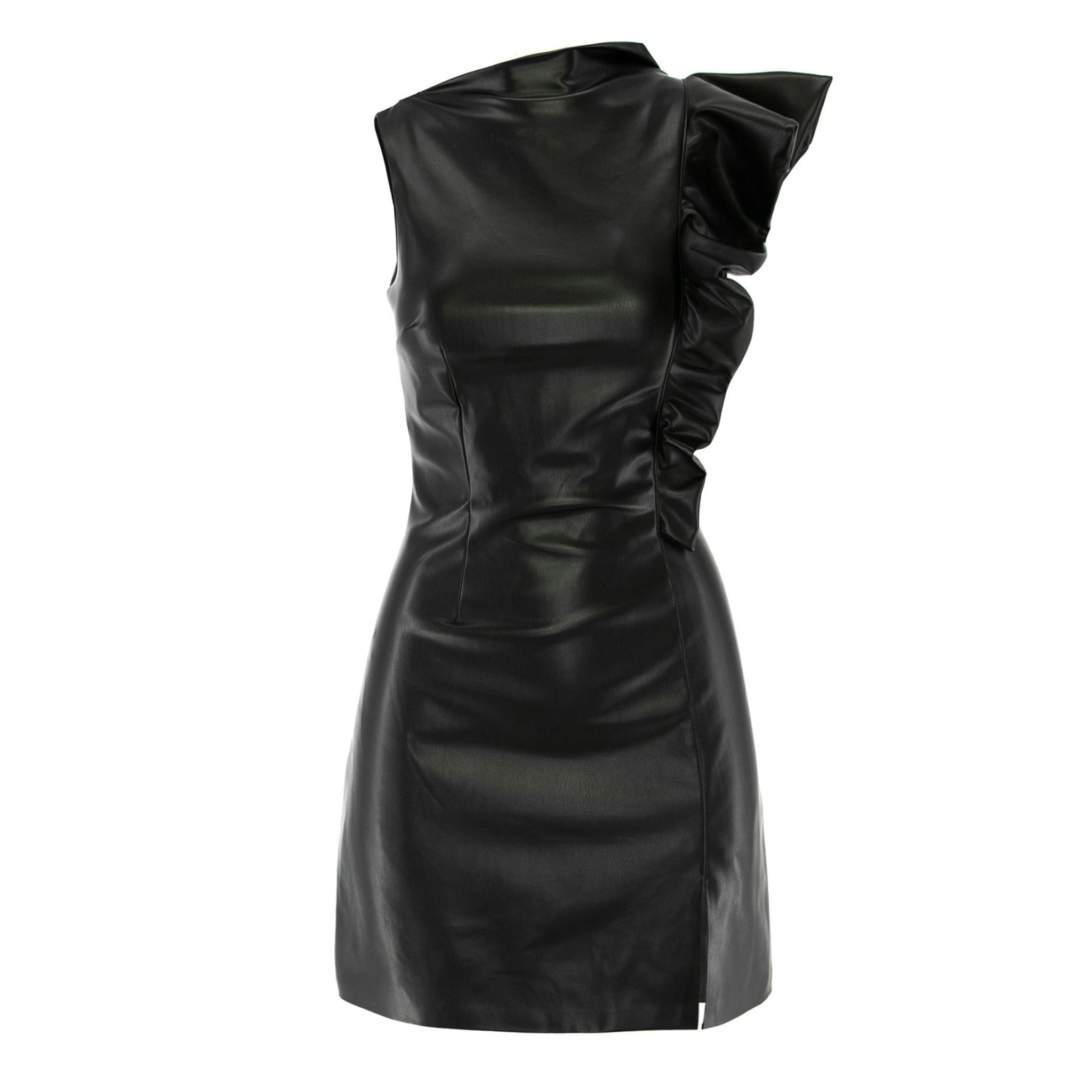 Black Eco Leather Asymmetrical Mini Dress With Ruffle