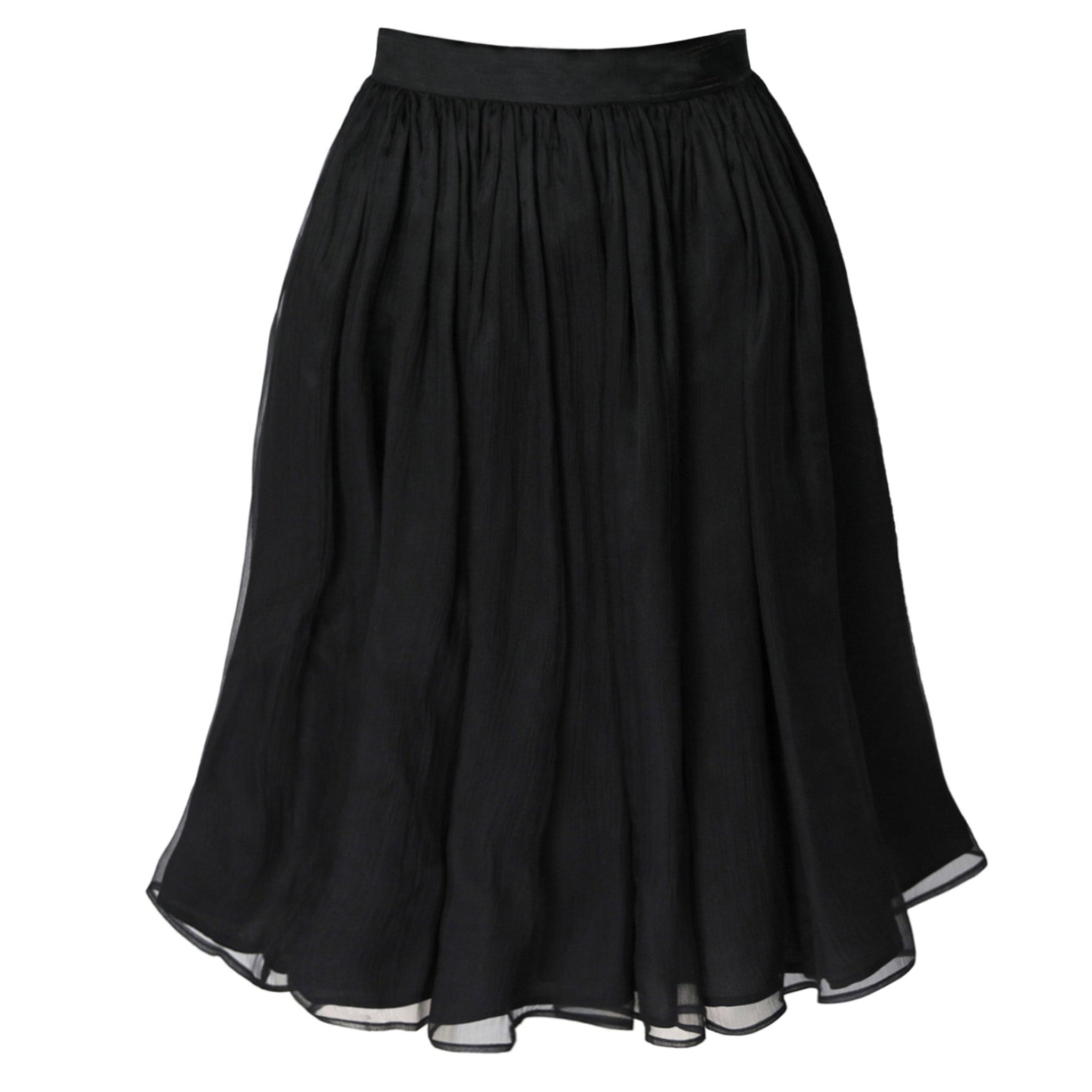Black Gathered Silk Midi Skirt