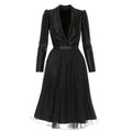 Long Sleeve Black Gathered Silk V-Neck Lapel Dress