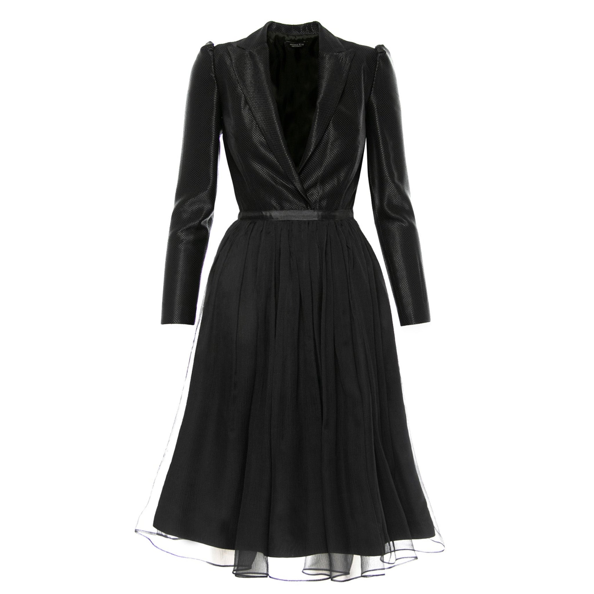 Long Sleeve Black Gathered Silk V-Neck Lapel Dress