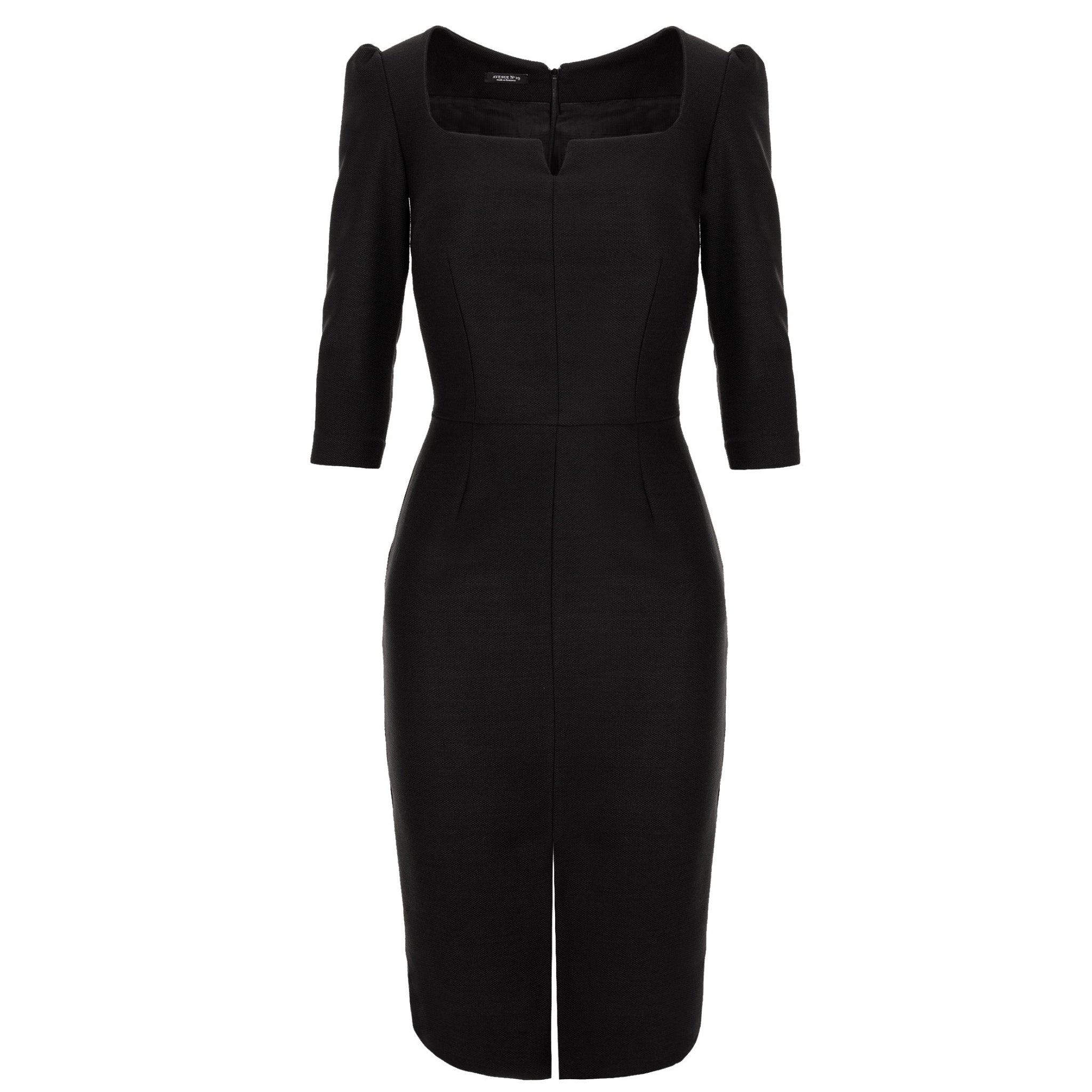 Black Rounded Neckline Wool Midi Dress