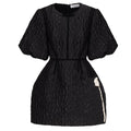 Black Textured Mini Dress with Puff Sleeves