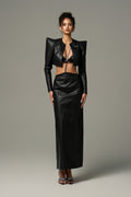 Obsidiana Cracked Leather Super Pointy Cropped Jacket and Maxi Skirt Set