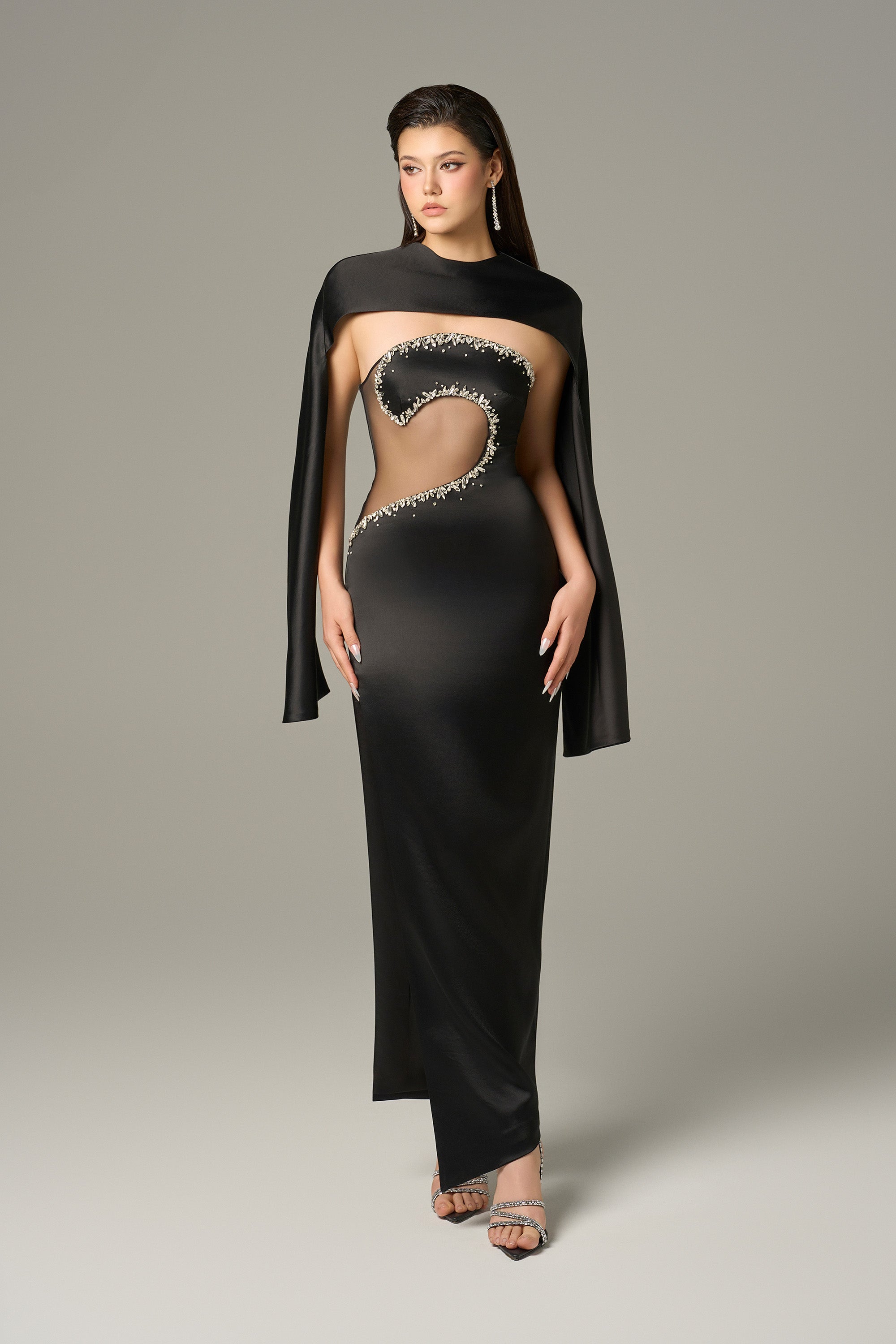 Constellation Front Cut Out Gown With Cape Sleeves