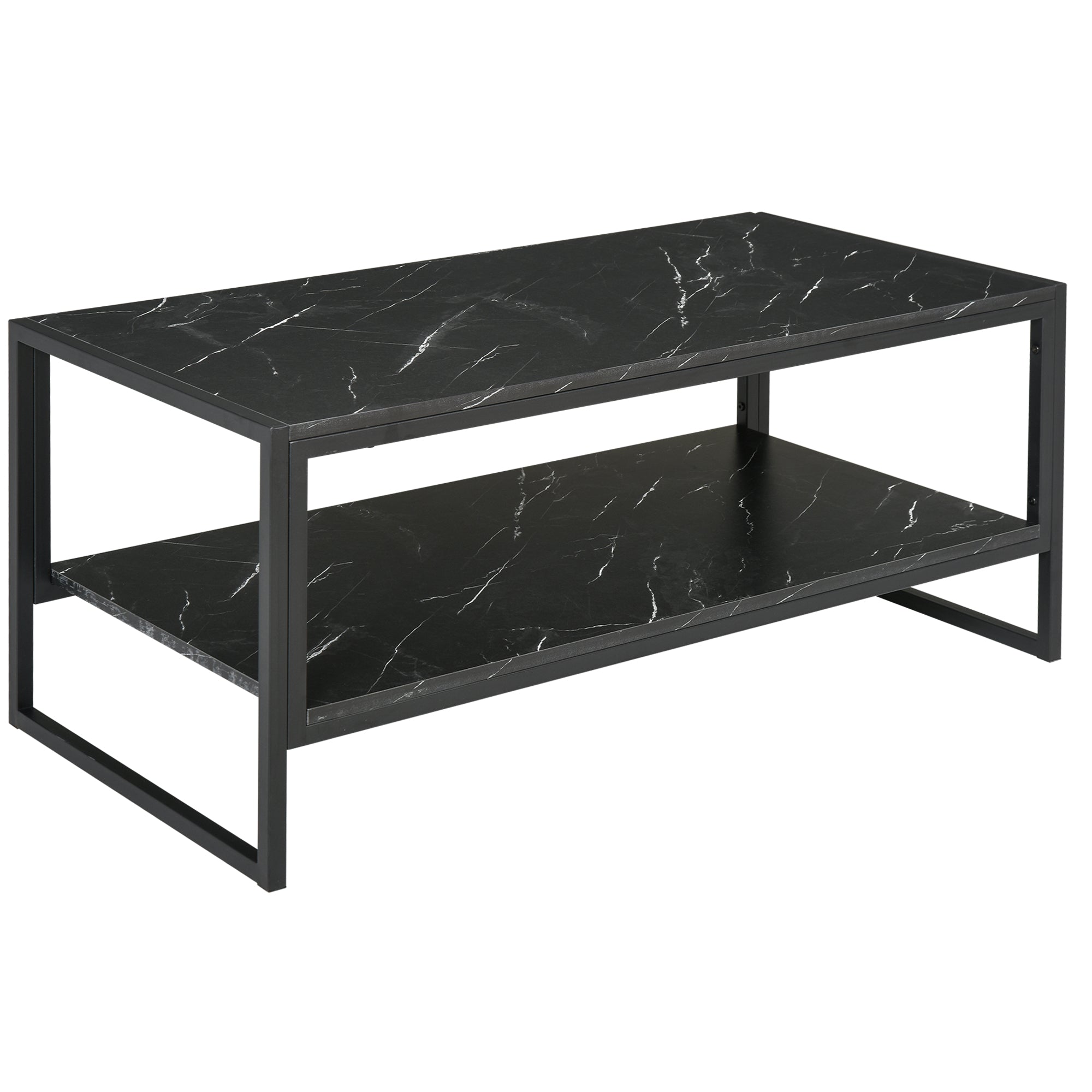 Two-Tier Marble Centre Table with Metal Frame and Storage Shelf for Living Room, Black
