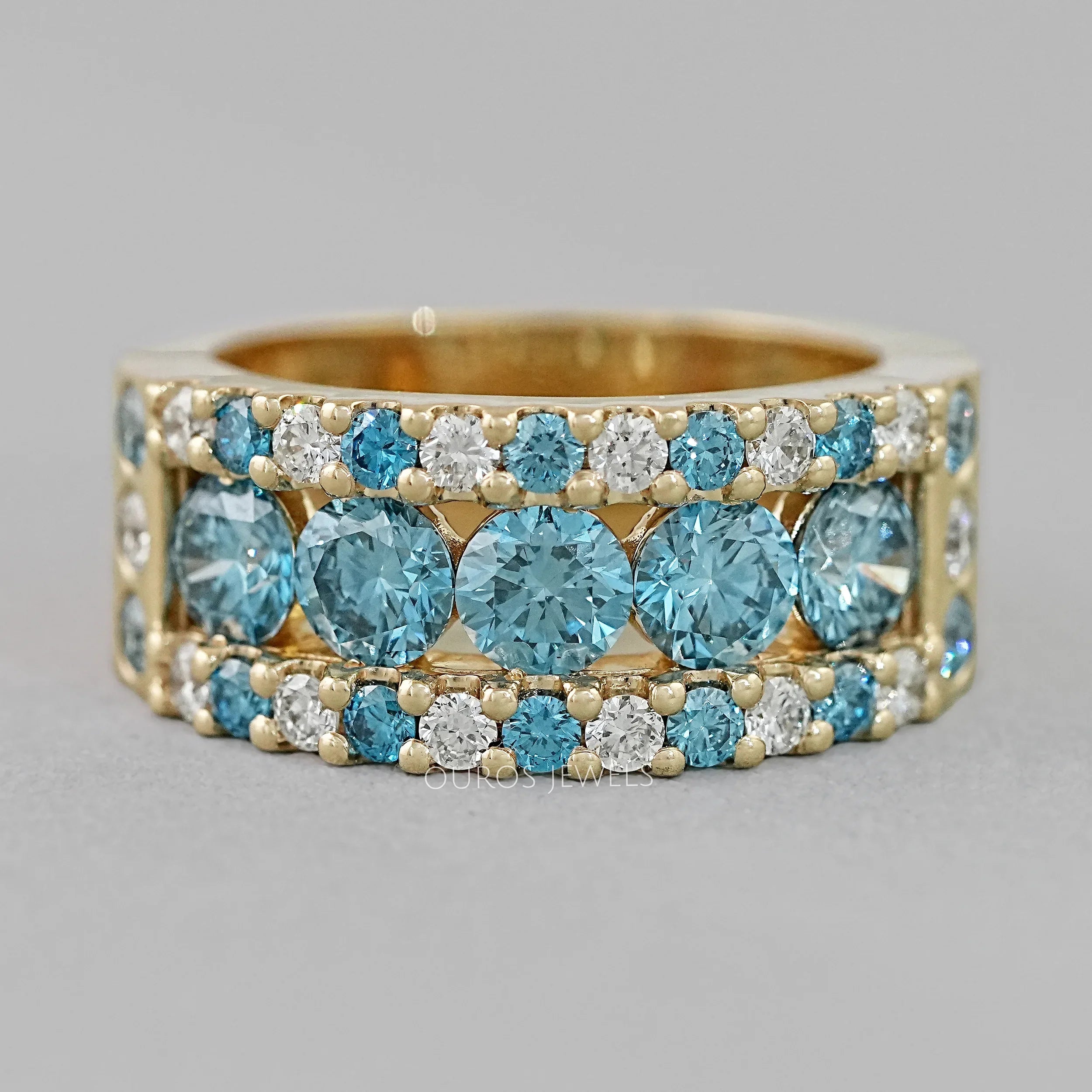 Blue And White Round Cut Lab Diamond Wide Band