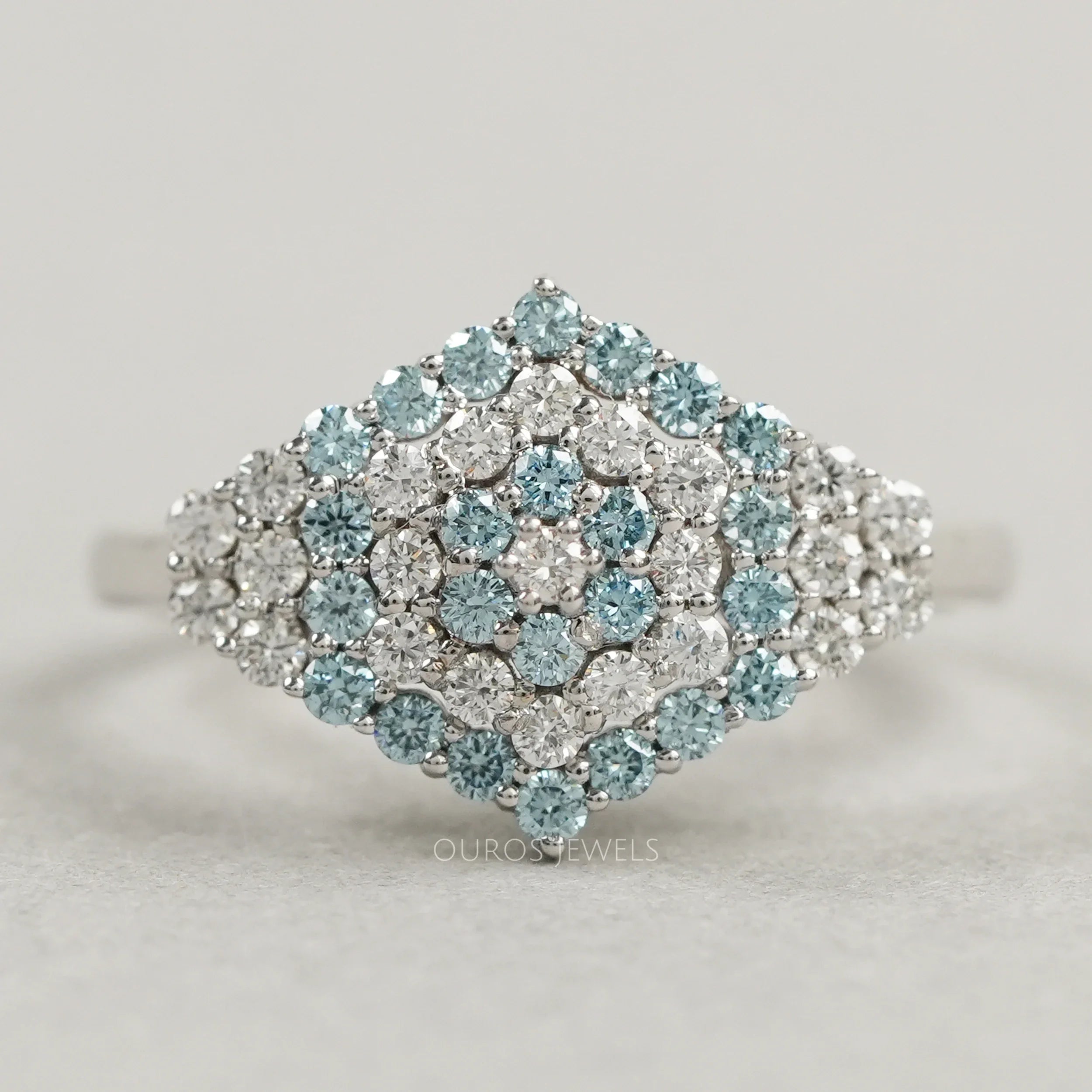 Fancy Blue Round Cut Cluster Lab Diamond Engagement Ring