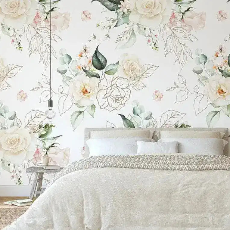 Blush Roses Green Leaves Watercolor Floral Botanical Wallpaper