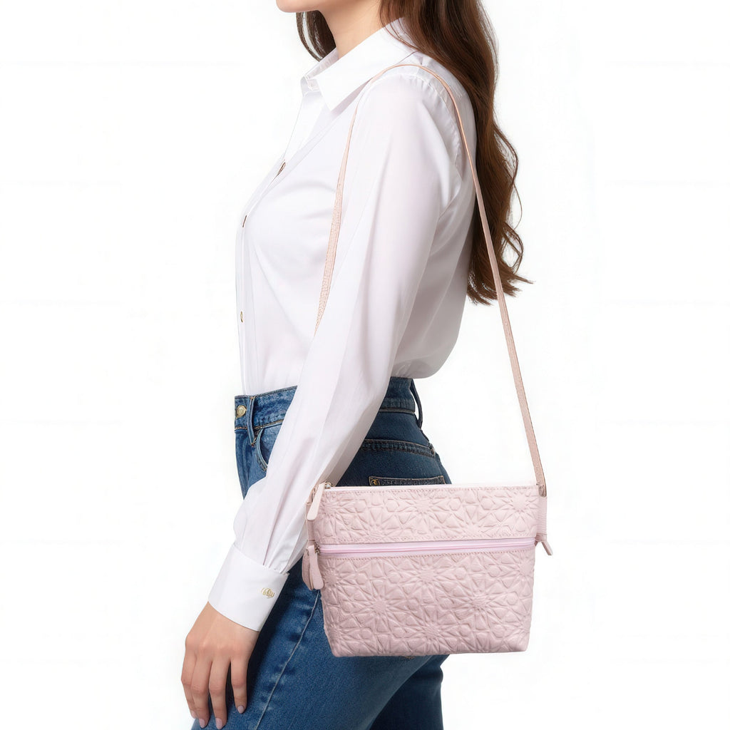 Pale Pink Embossed Crossbody Bag with Islamic Design Pattern