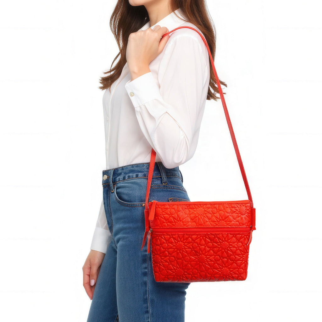 Red Embossed Crossbody Bag with Islamic Design Pattern