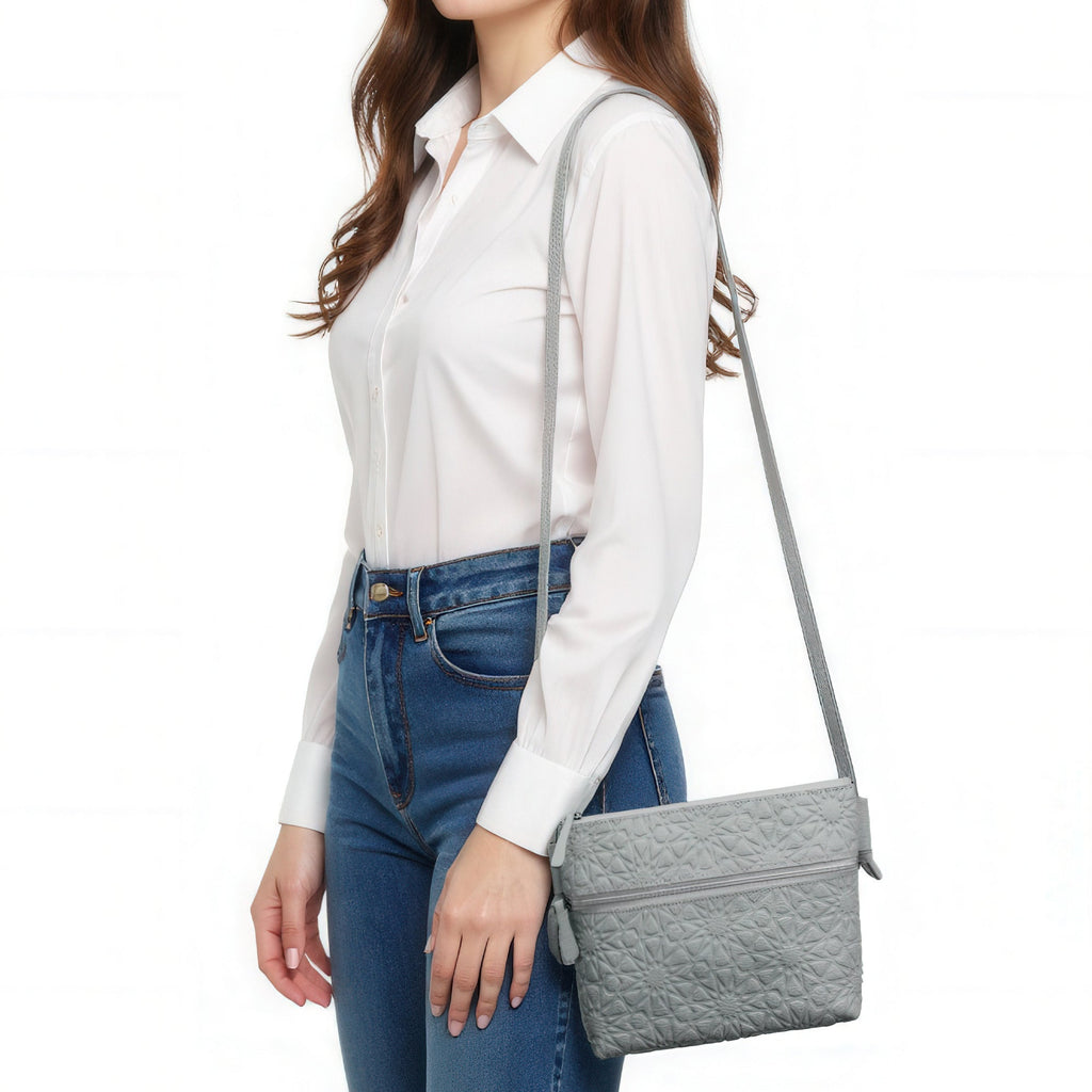 Gray Embossed Crossbody Bag with Islamic Design Pattern