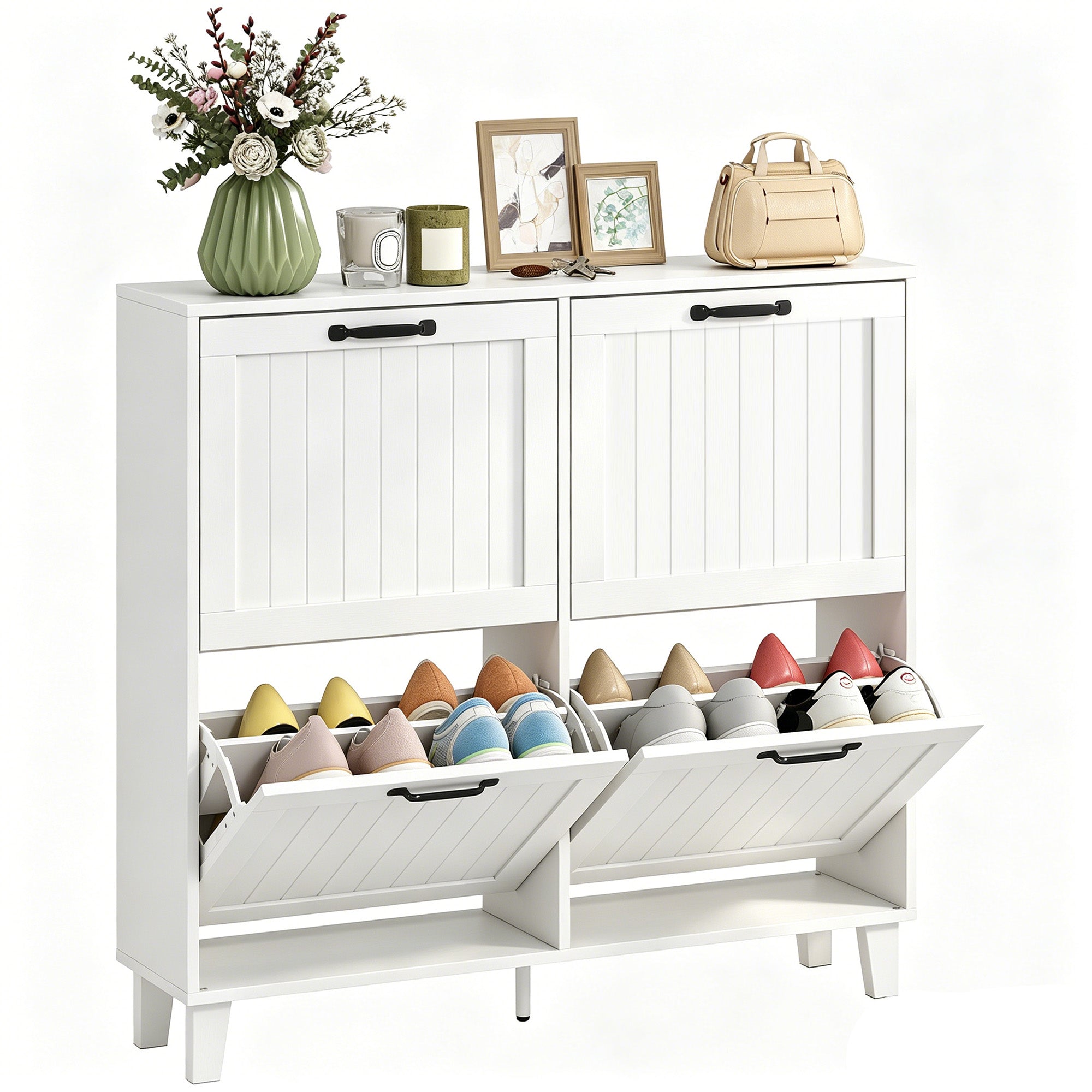 Narrow Shoe Cabinet with 4 Flip Drawers, Bamboo Legs, Holds up to 20 Pairs, White
