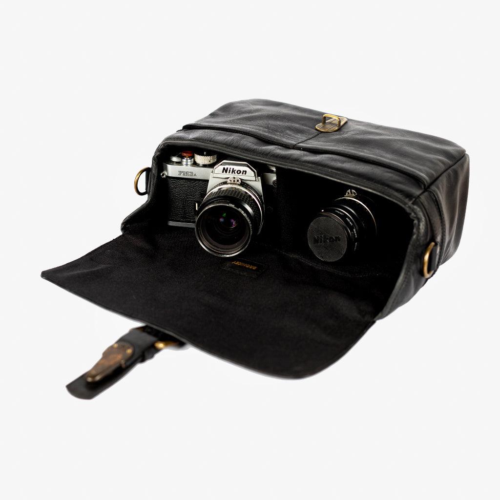 París Black Leather Camera Bag