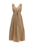 Brunello Cucinelli Floral-Motif Cotton-Blend Midi Dress — Beige