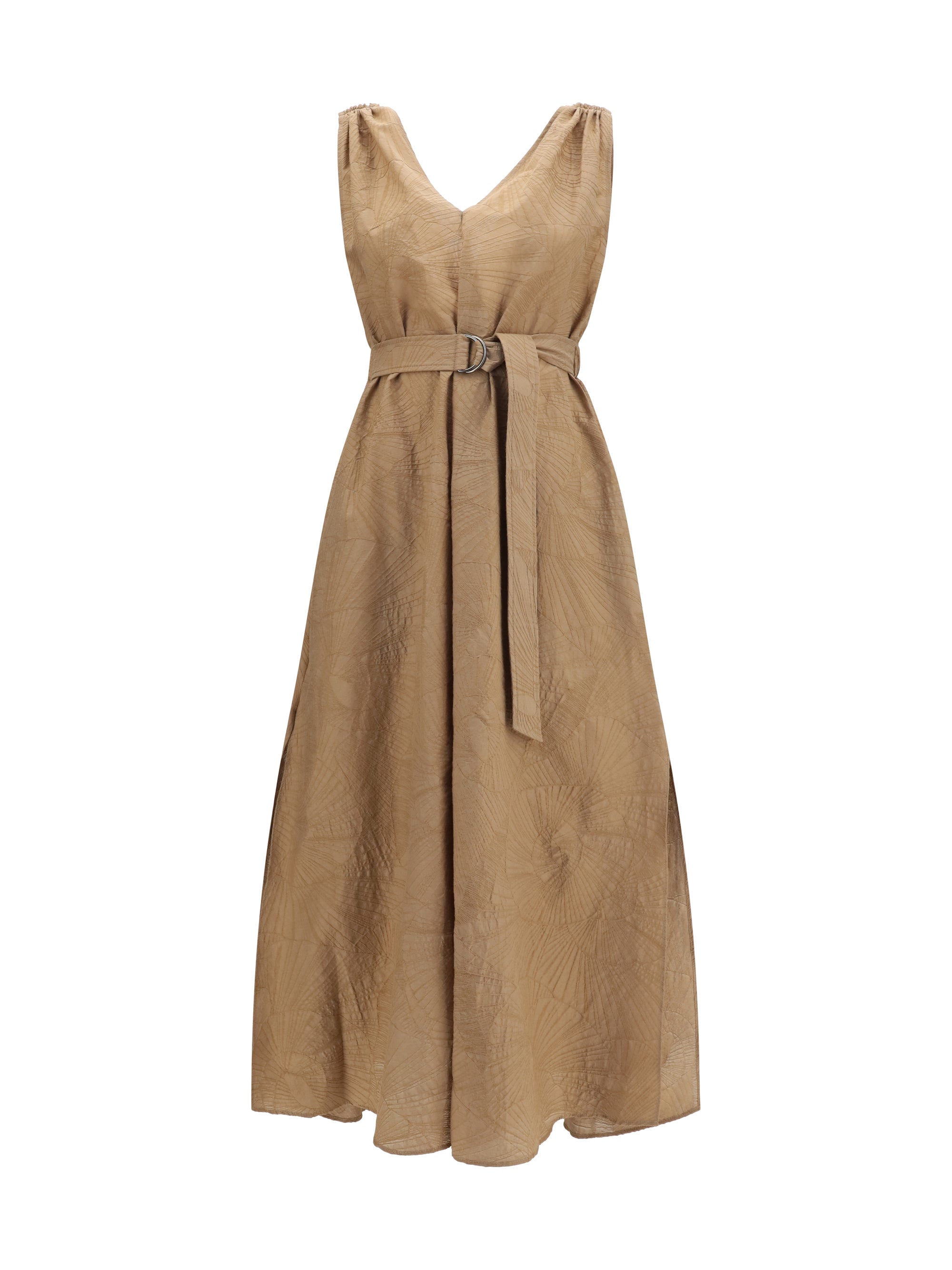 Brunello Cucinelli Floral-Motif Cotton-Blend Midi Dress — Beige