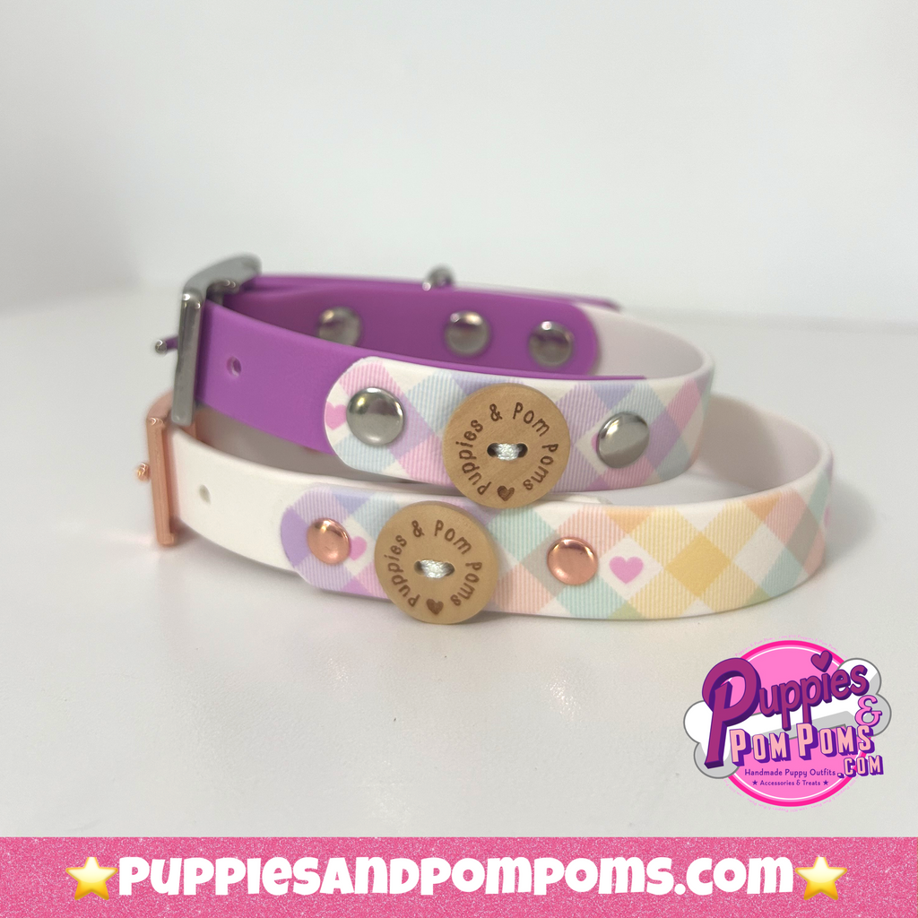 Handmade Dog Collar - Pastel Vichy - White