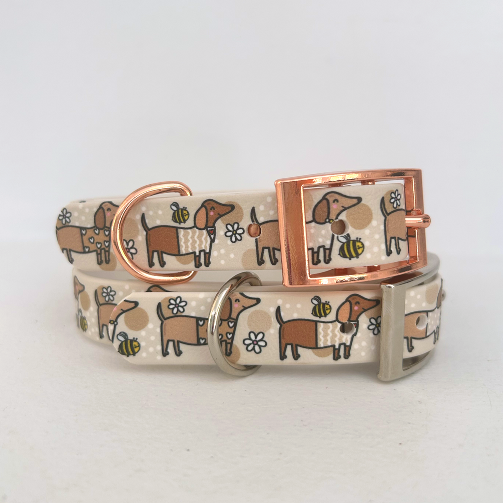 Bee Happy Dachshunds Beige Handmade Dog Collar