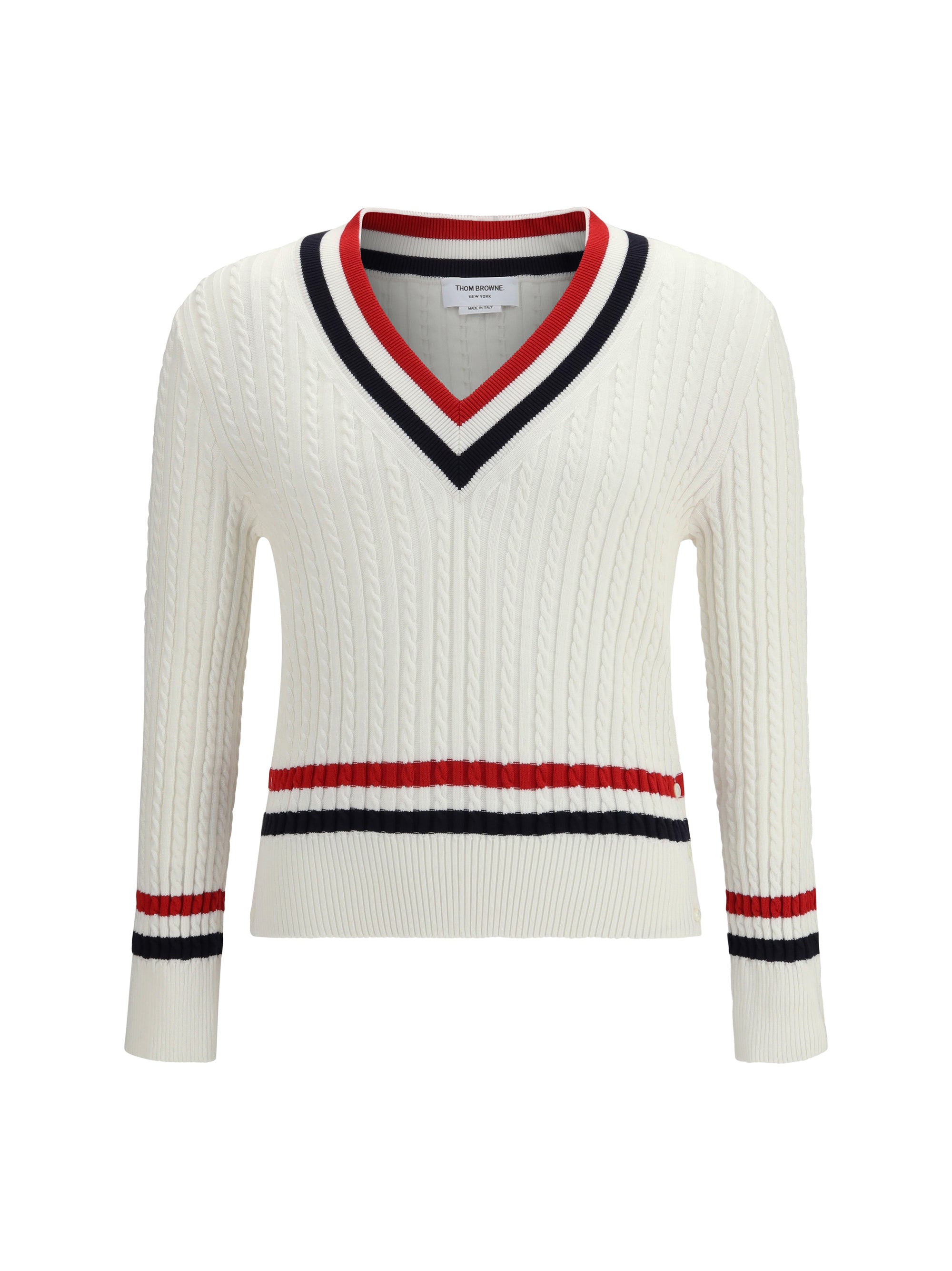 Thom Browne Intarsia Cable-Knit V-Neck Sweater — White