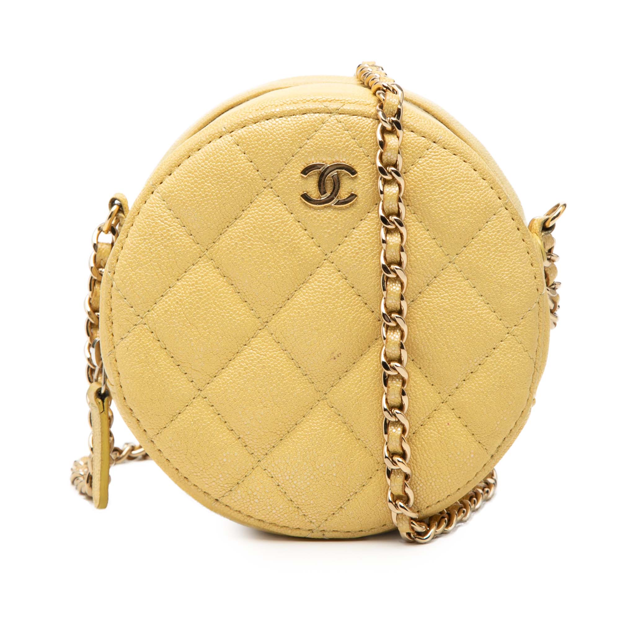 CC Quilted Caviar Round Clutch With Chain