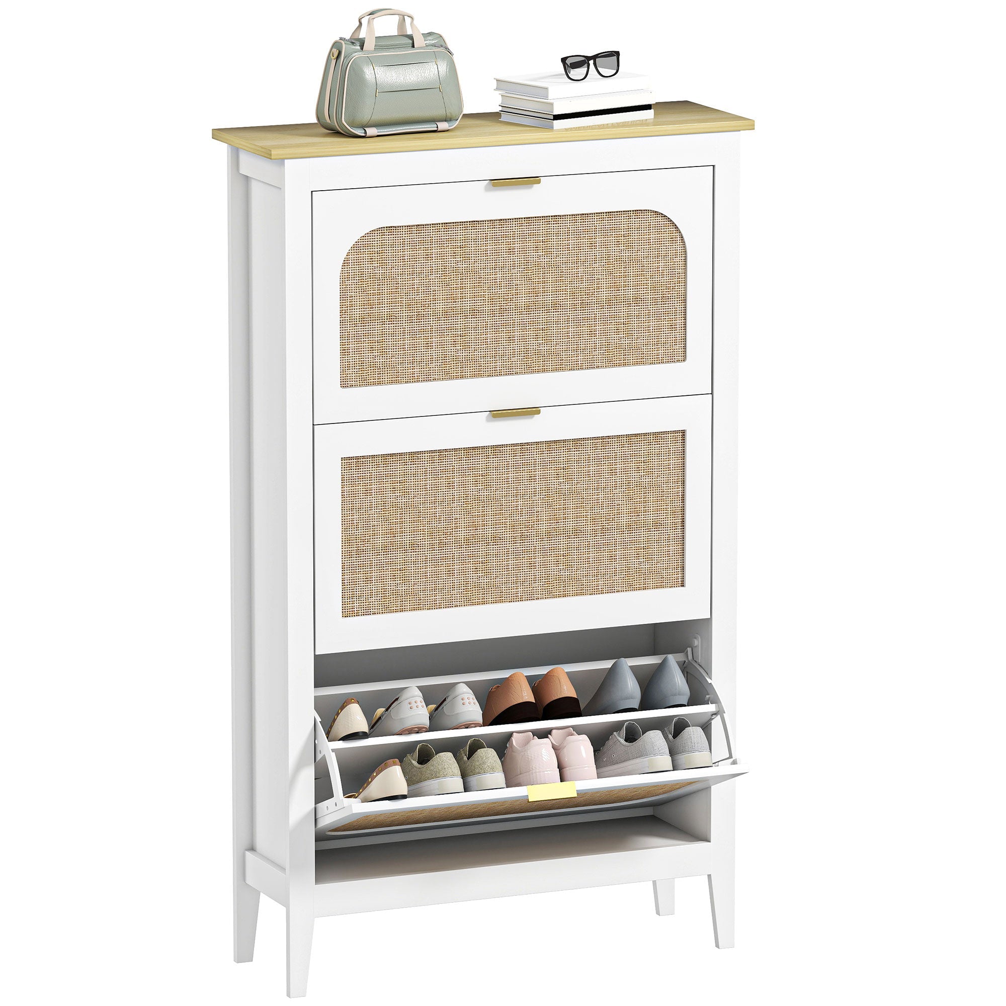 Slim Shoe Cabinet with 3 Flip Drawers and Rattan Doors, Holds 21 Pairs, White