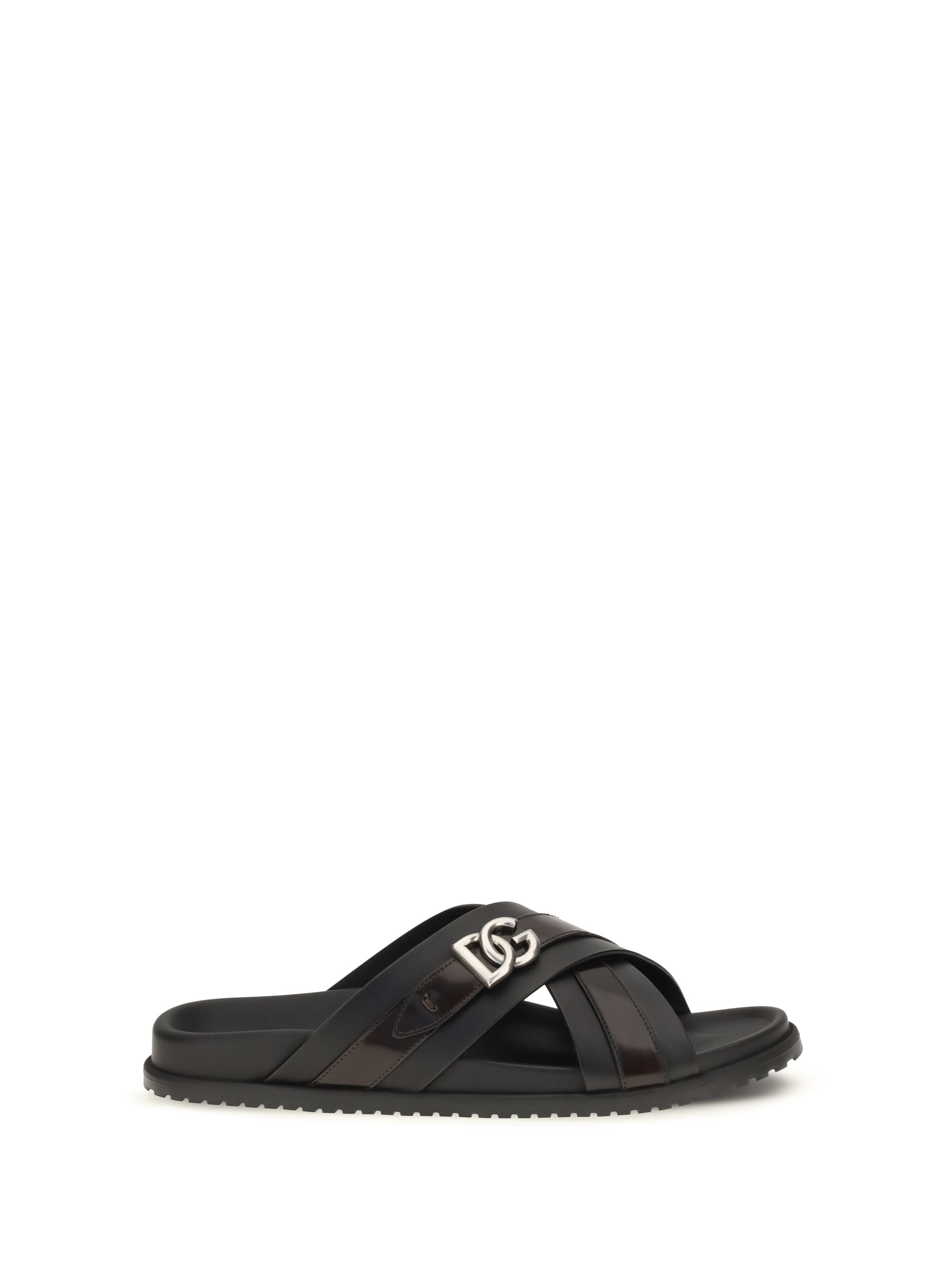 Dolce & Gabbana Calf Leather Crossover Slide Sandals — Black