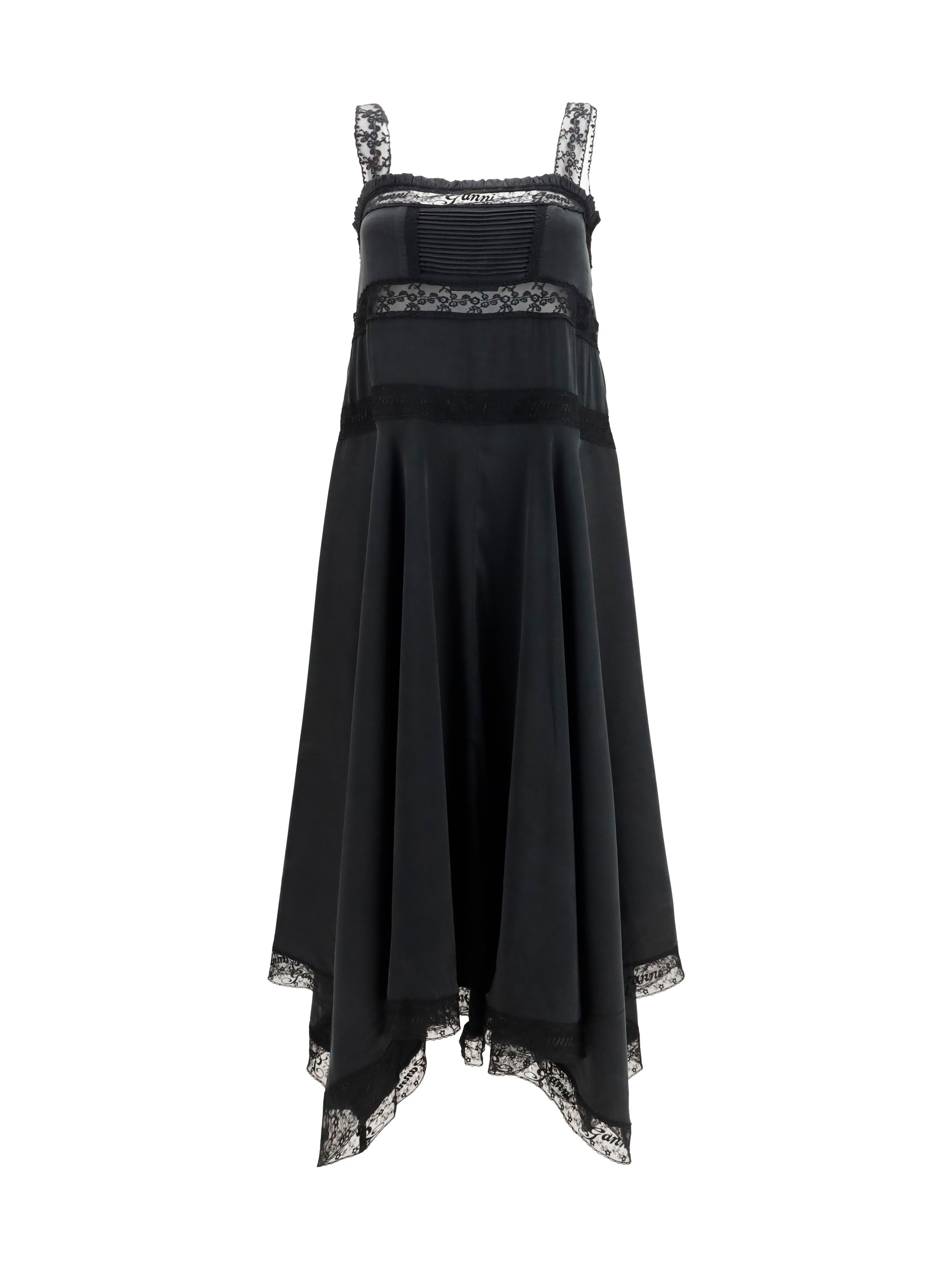 Ganni Silk Maxi with Lace Details Dress — Black