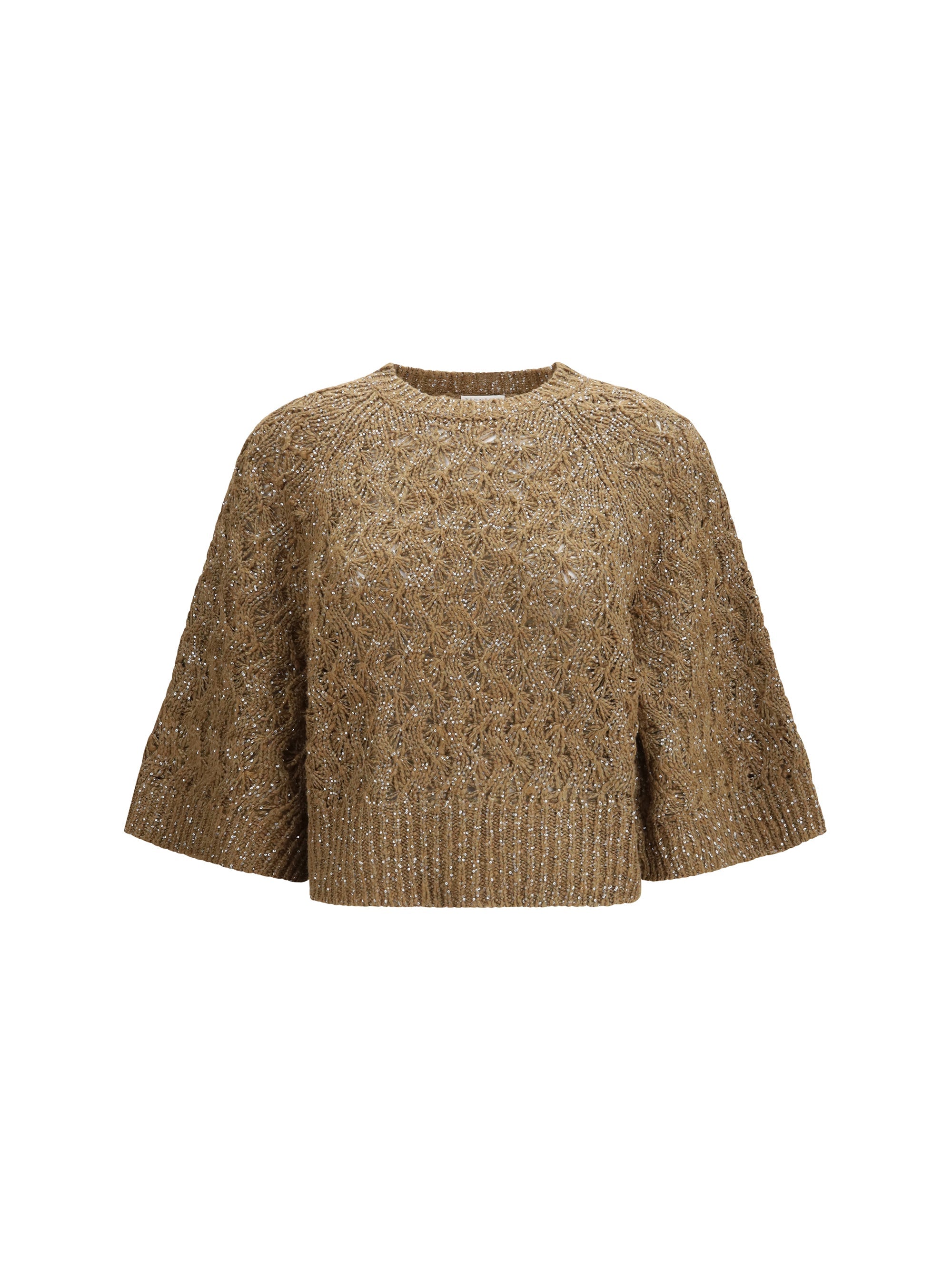 Brunello Cucinelli Open-Knit with Sequin Embellishment Sweater — Beige