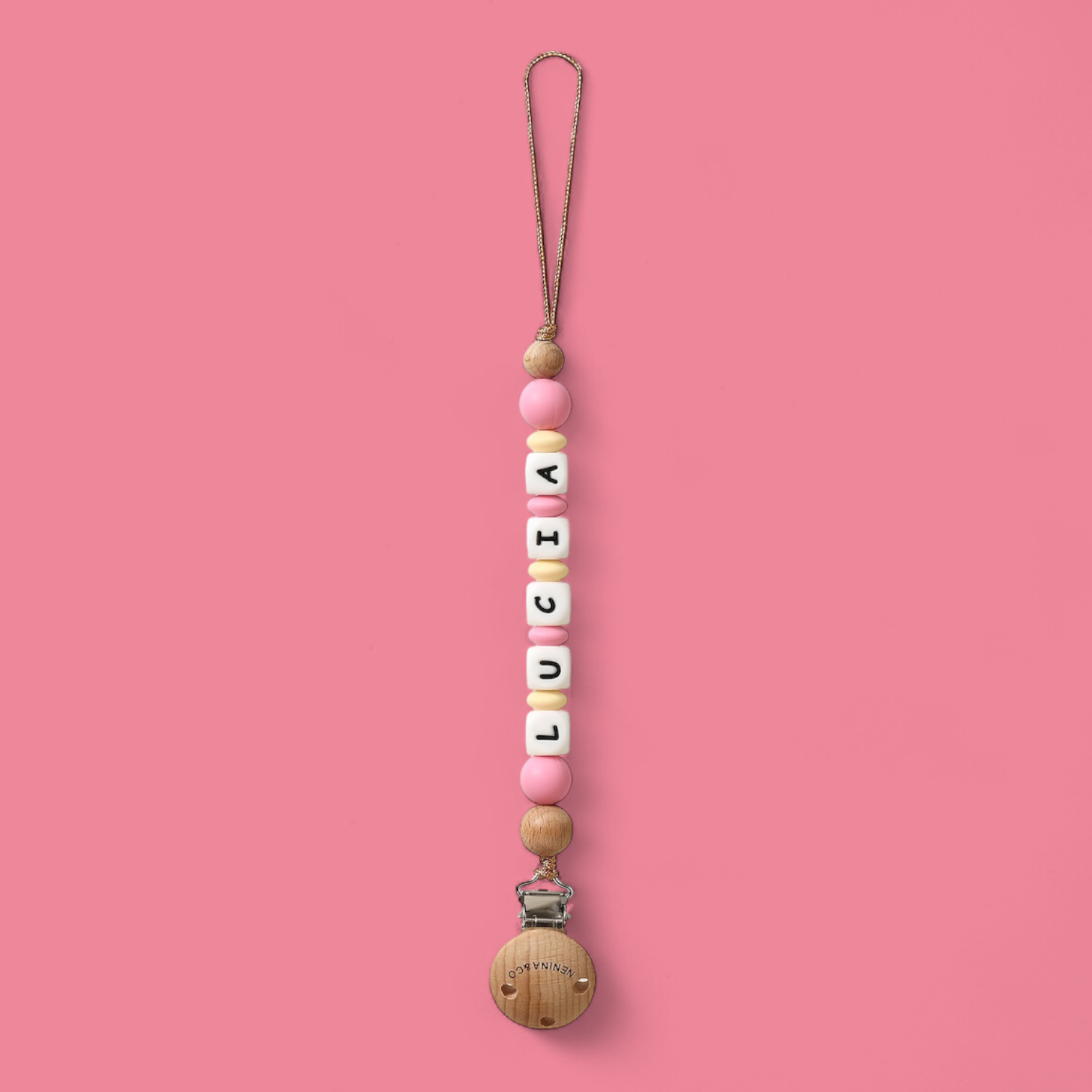 Chupetero Personalizado Rosa chicle con Nombre en Silicona Orgánica | Nenina & Co.