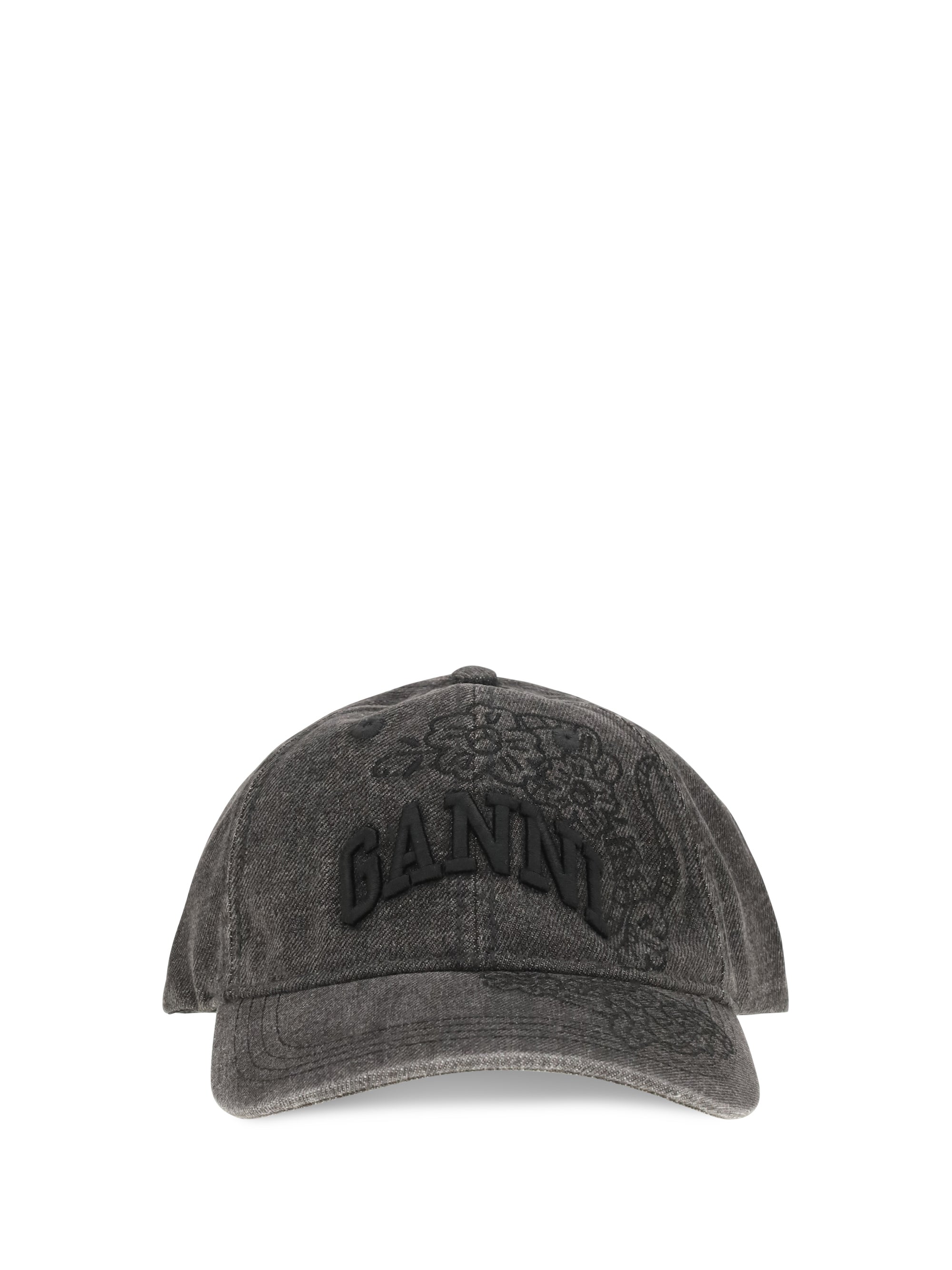 Ganni B3020214 Embroidered Denim Baseball Cap — Black