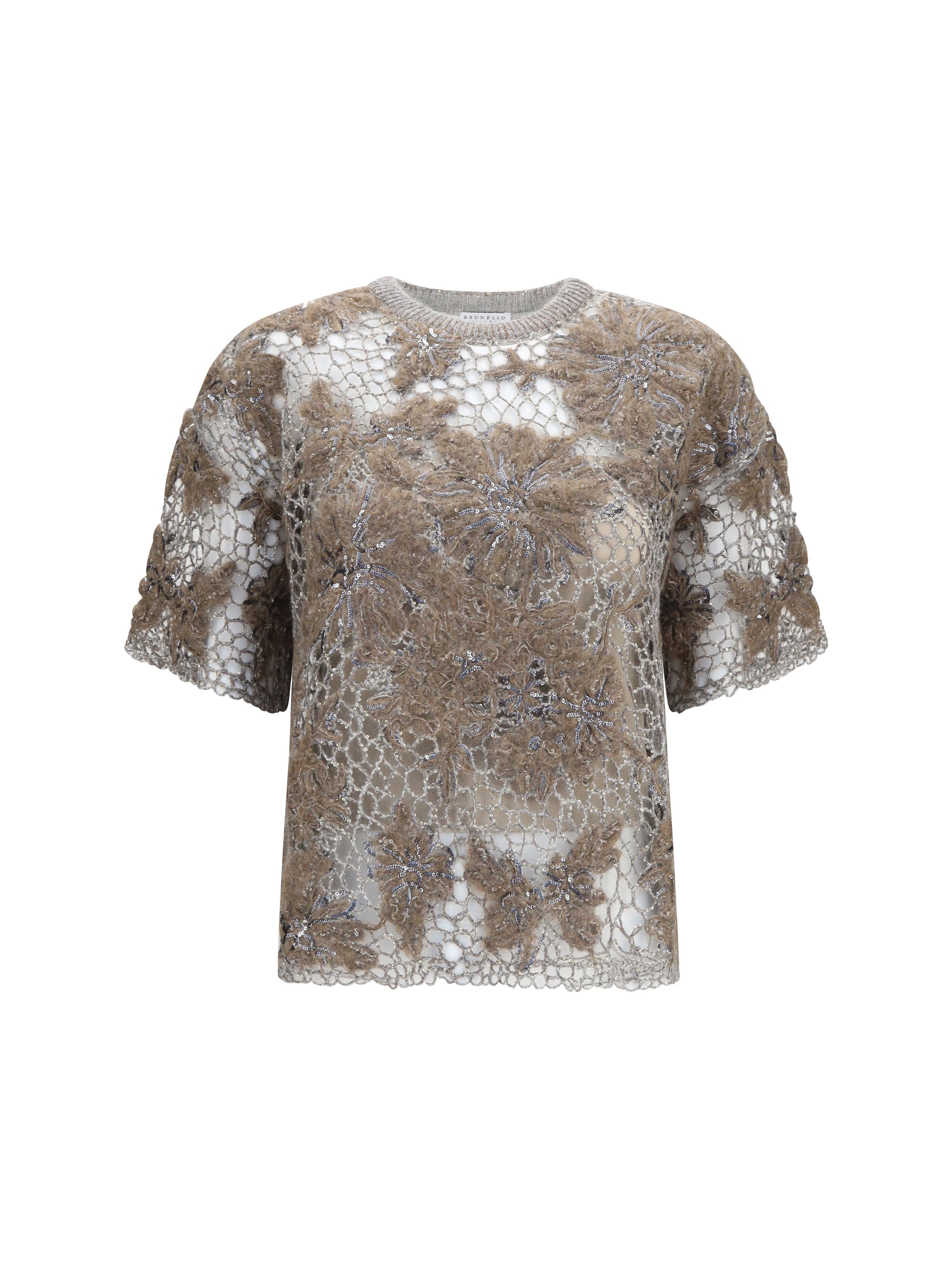 Brunello Cucinelli Floral-Embroidered Lace Blouse — Beige