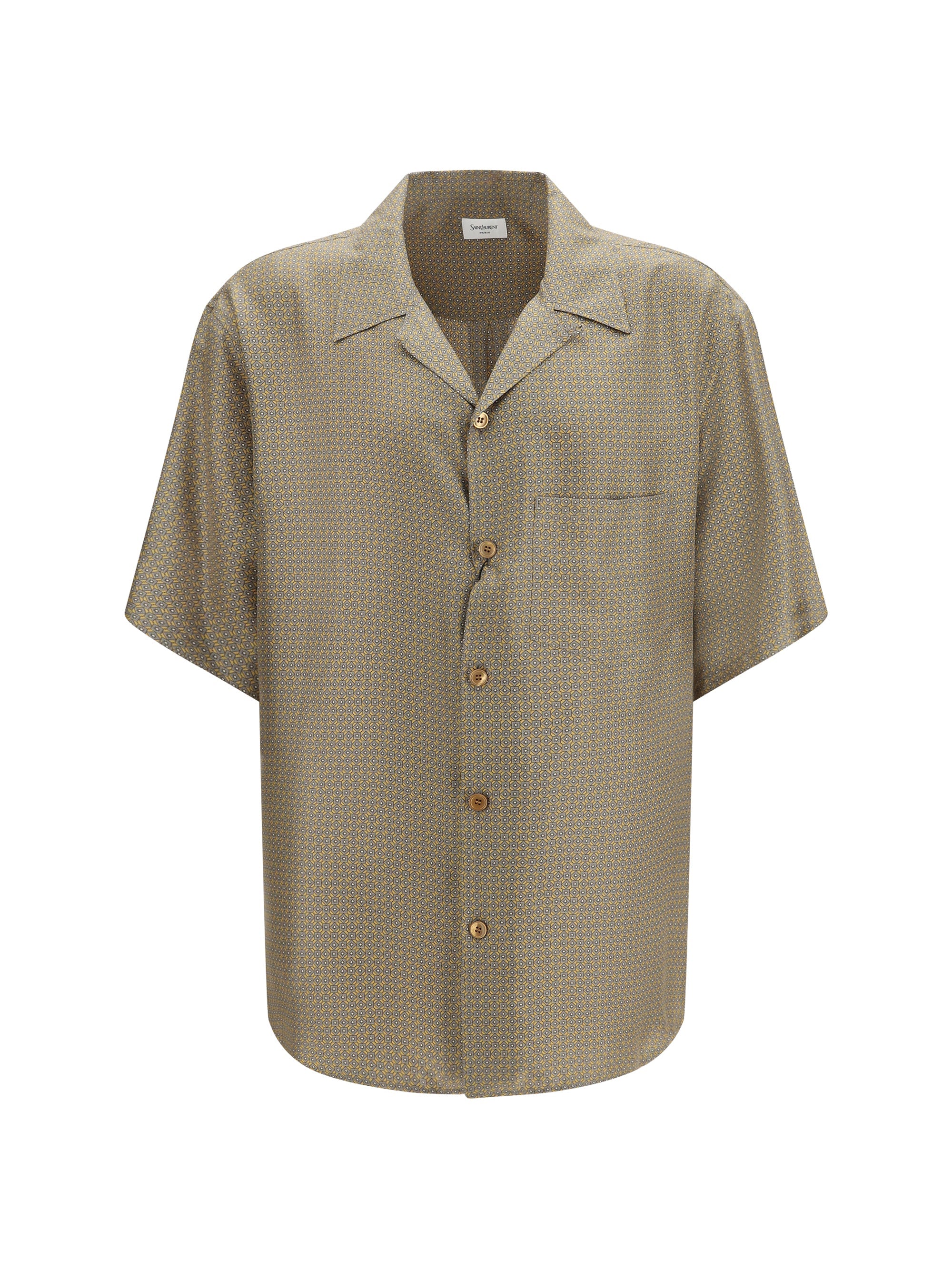 Saint Laurent Silk Satin Geometric Pattern Shirt — Gold