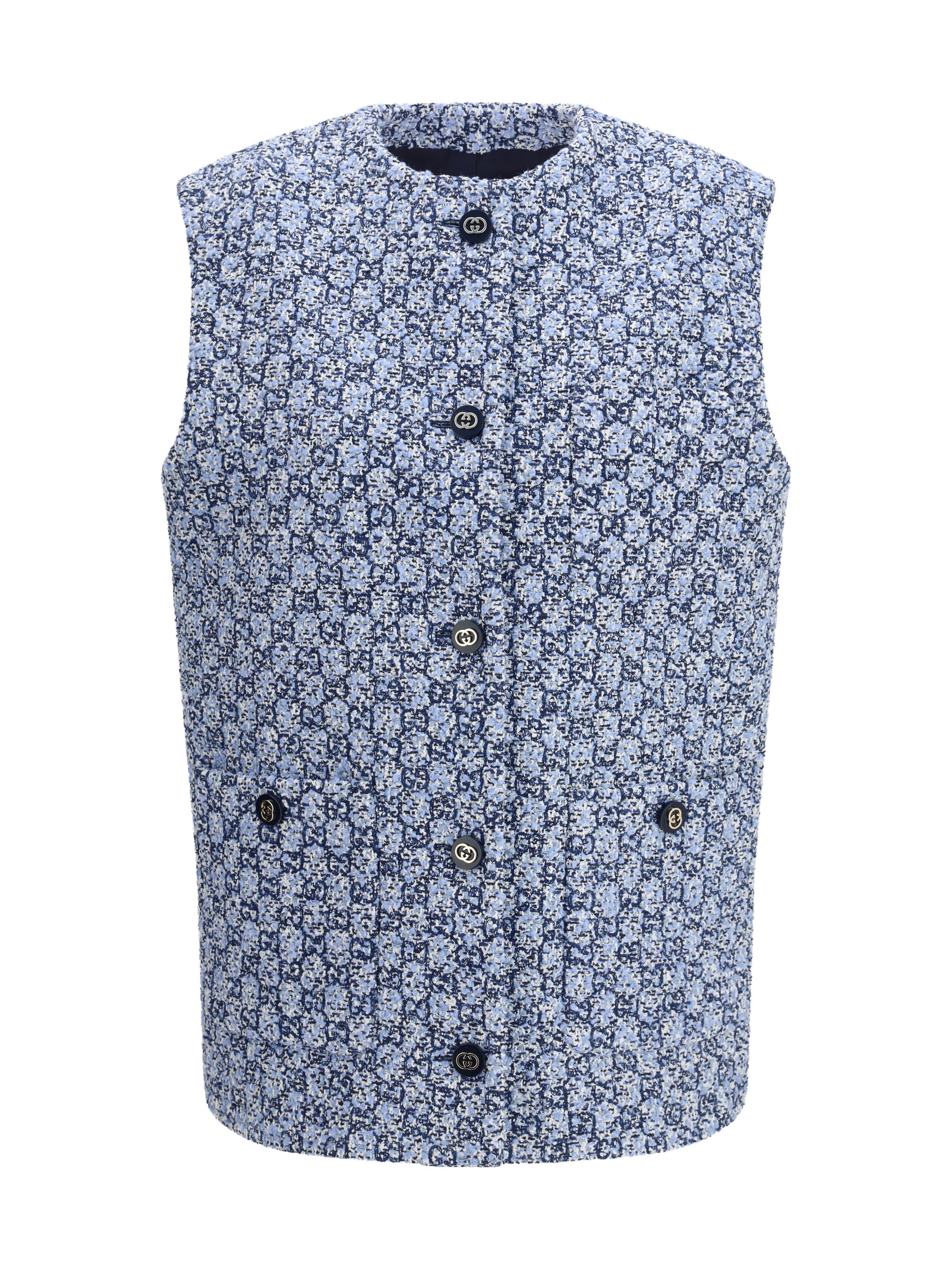 Gucci Logo-Embroidered GG Tweed Vest — Blue